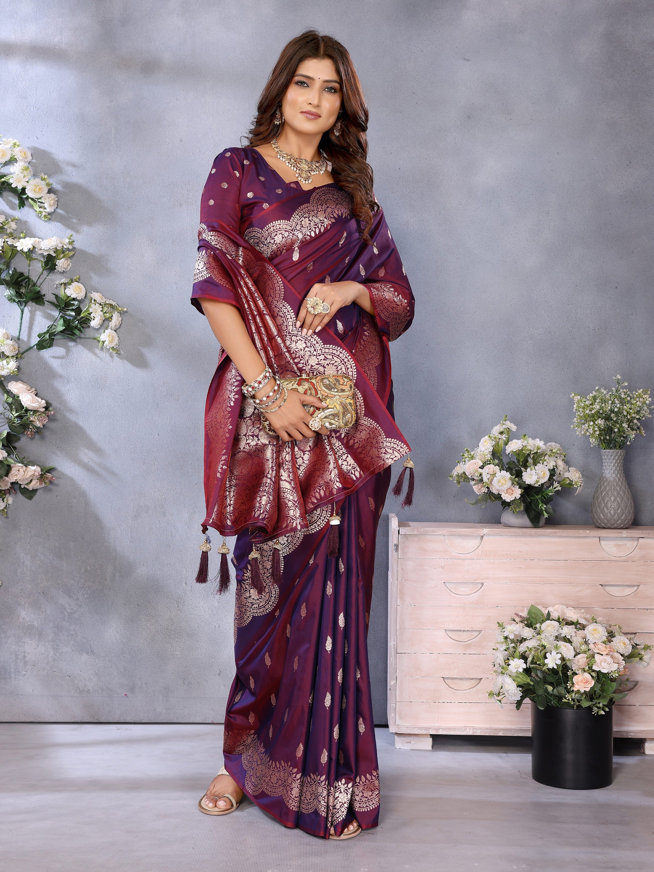 Wine Banarasi Silk Jacquard Weaving Designer Partywear Traditional Saree