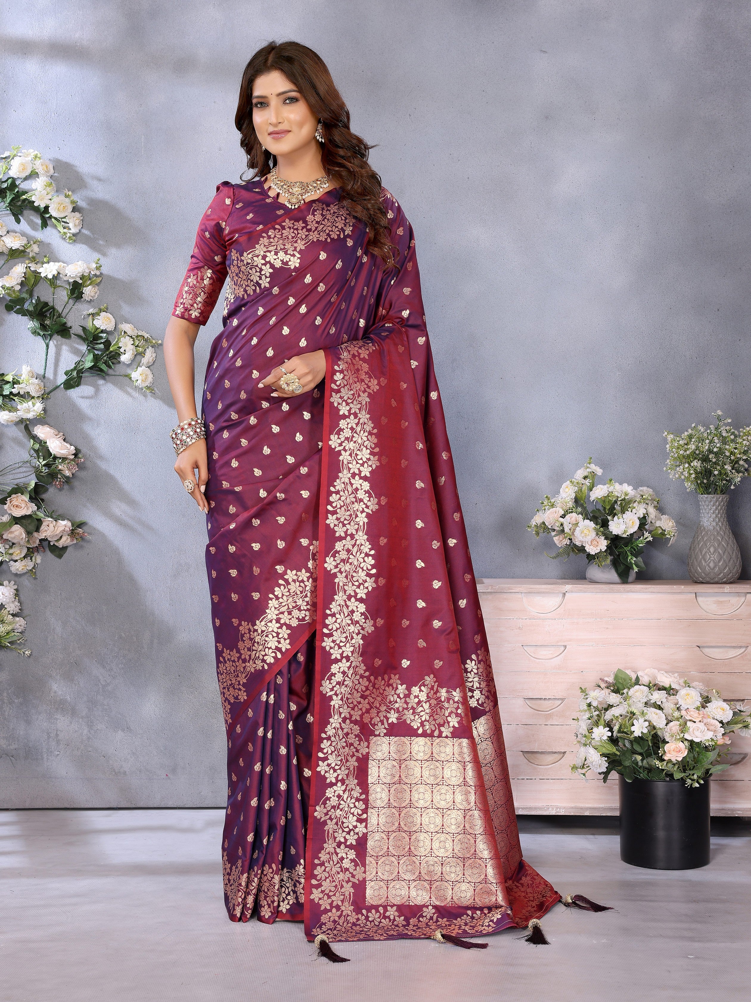 Wine Banarasi Silk Jacquard Weving Designer Floral Ceremonial Festive Saree