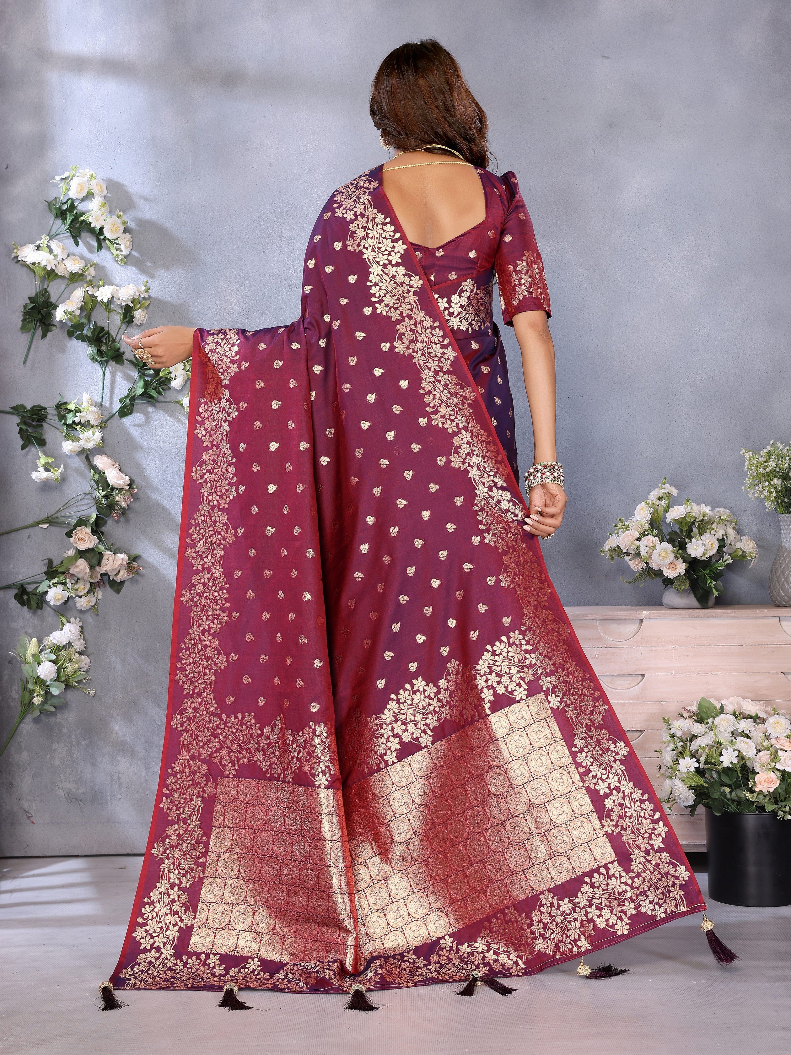 Wine Banarasi Silk Jacquard Weving Designer Floral Ceremonial Festive Saree