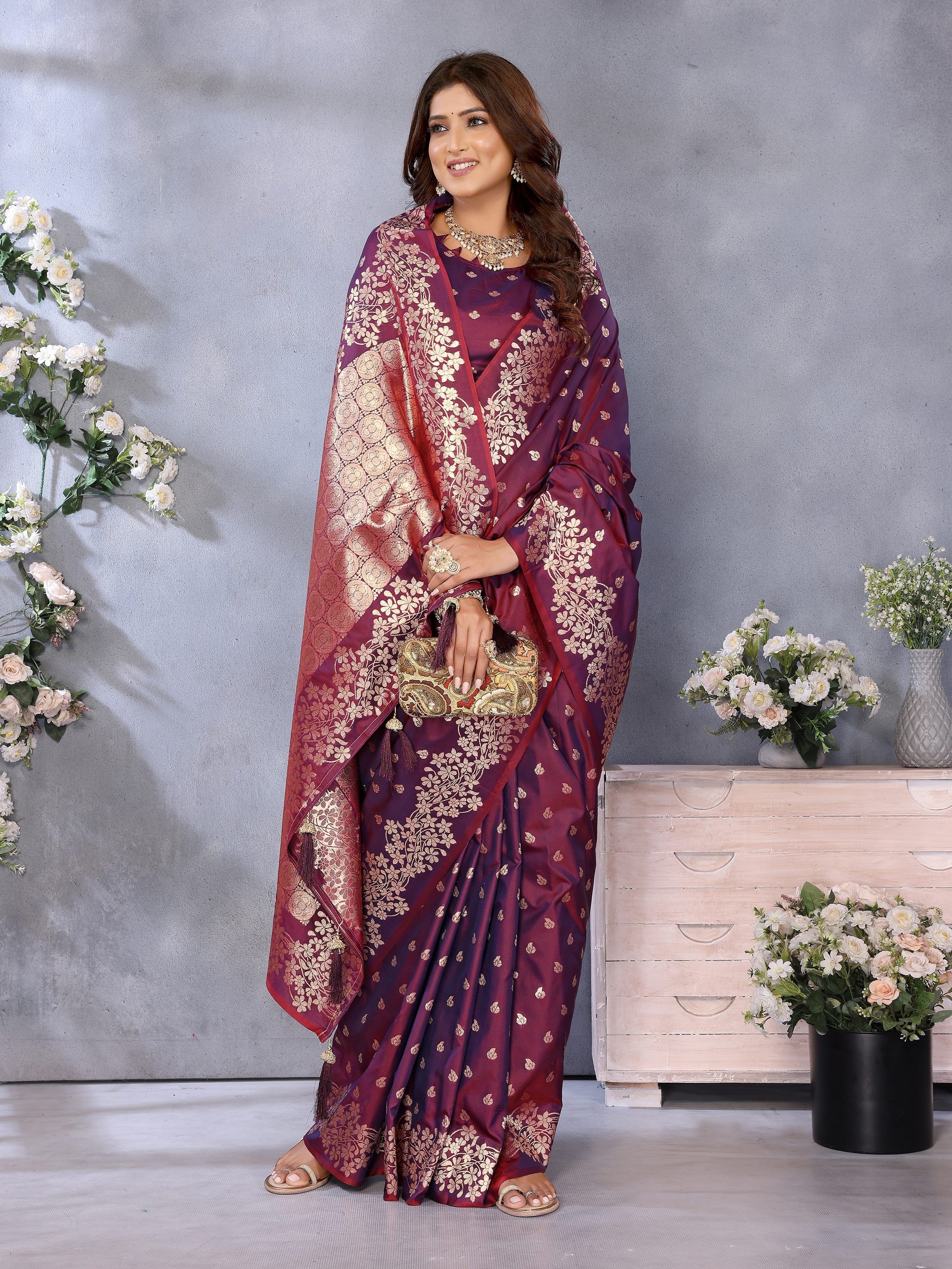 Wine Banarasi Silk Jacquard Weving Designer Floral Ceremonial Festive Saree