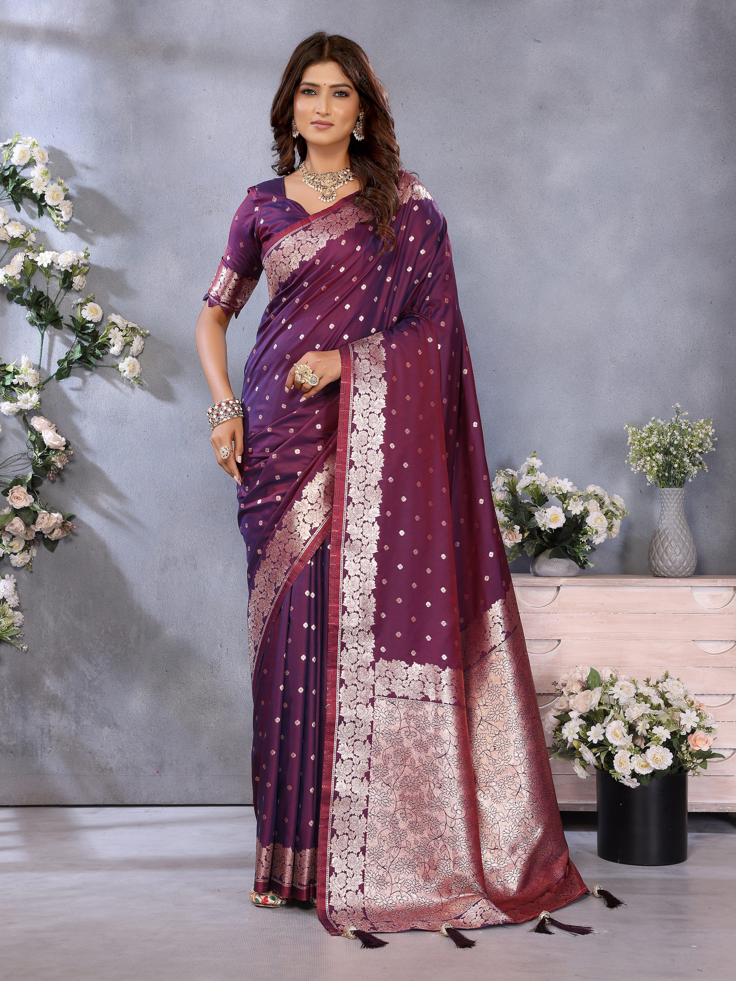 Wine Banarasi Silk Jacquard Weving Designer Trendy Partywear Saree