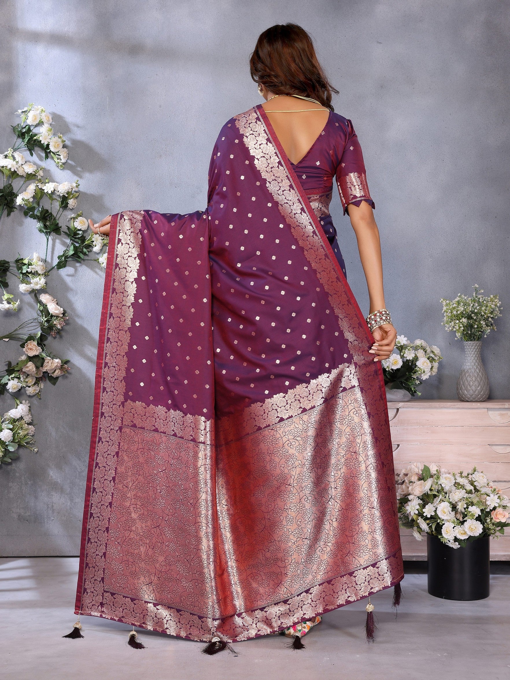 Wine Banarasi Silk Jacquard Weving Designer Trendy Partywear Saree