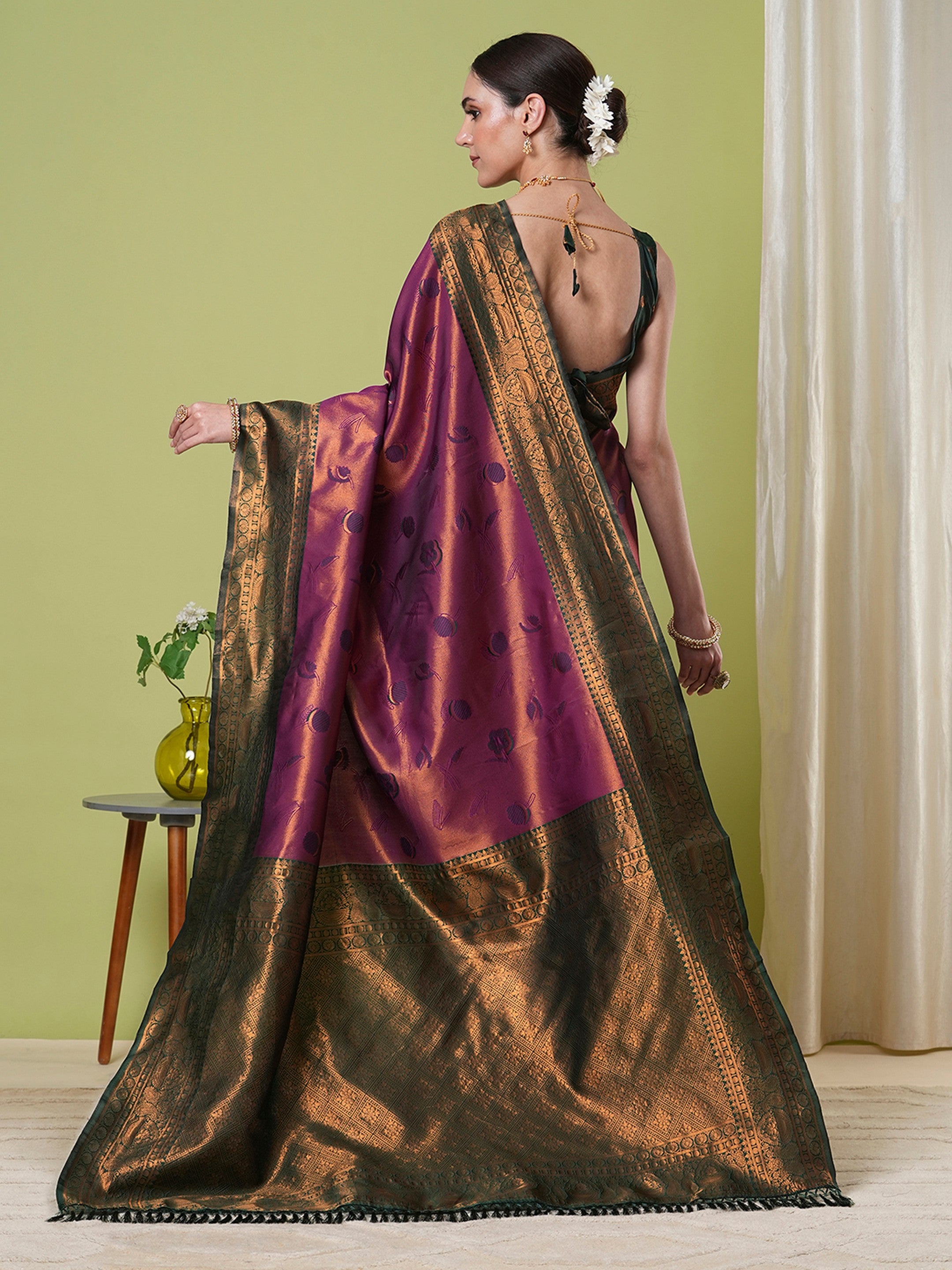 Wine Banarasi Silk Saree With Beautiful Jacquard Designer Work