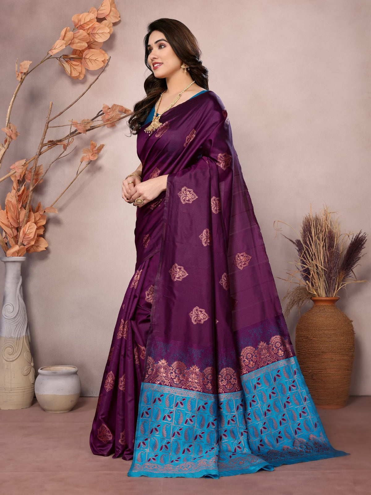 Wine Banarasi Silk Saree With Weaving