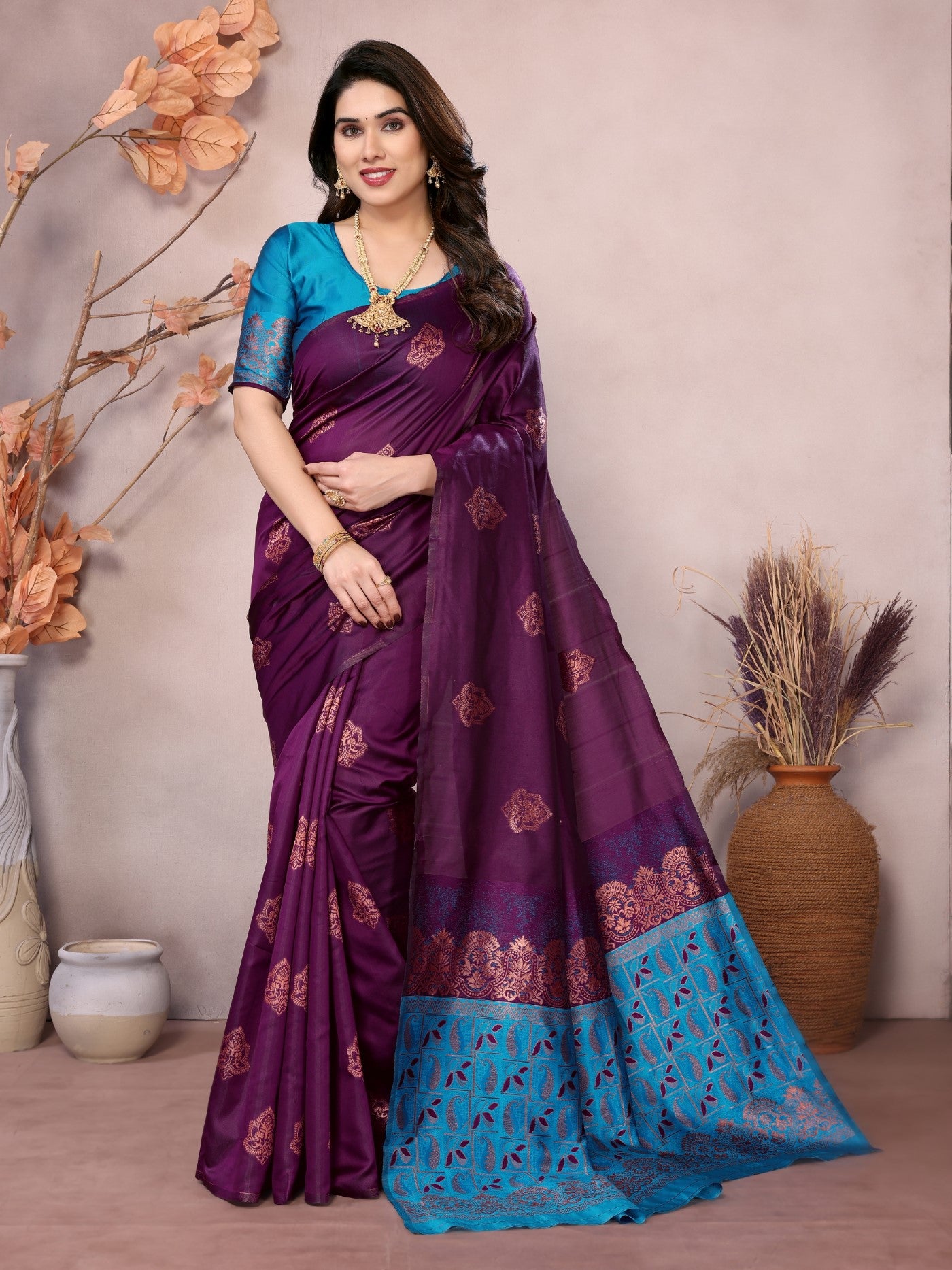 Wine Banarasi Silk Saree With Weaving