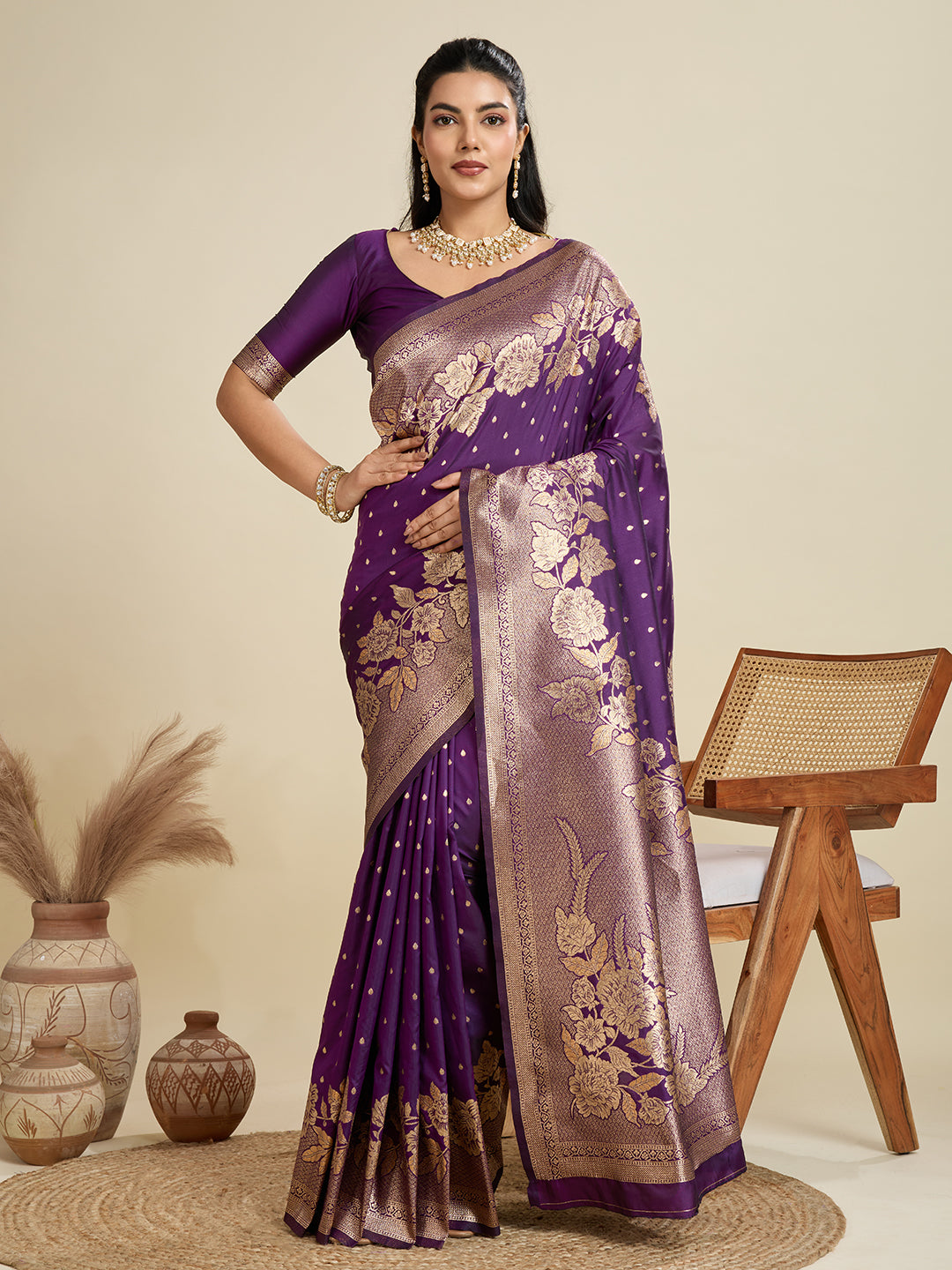 Wine Banarasi Silk Saree with Butti and Floral Border