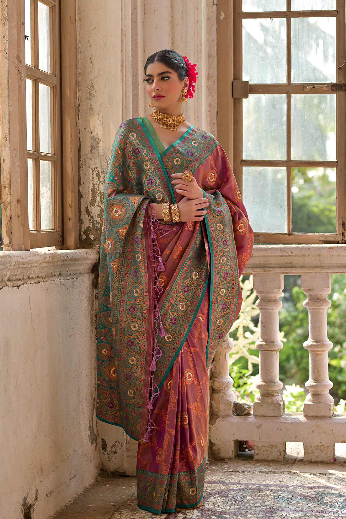 Wine Banarasi Silk Saree with Floral Jal and Contrast Pallu