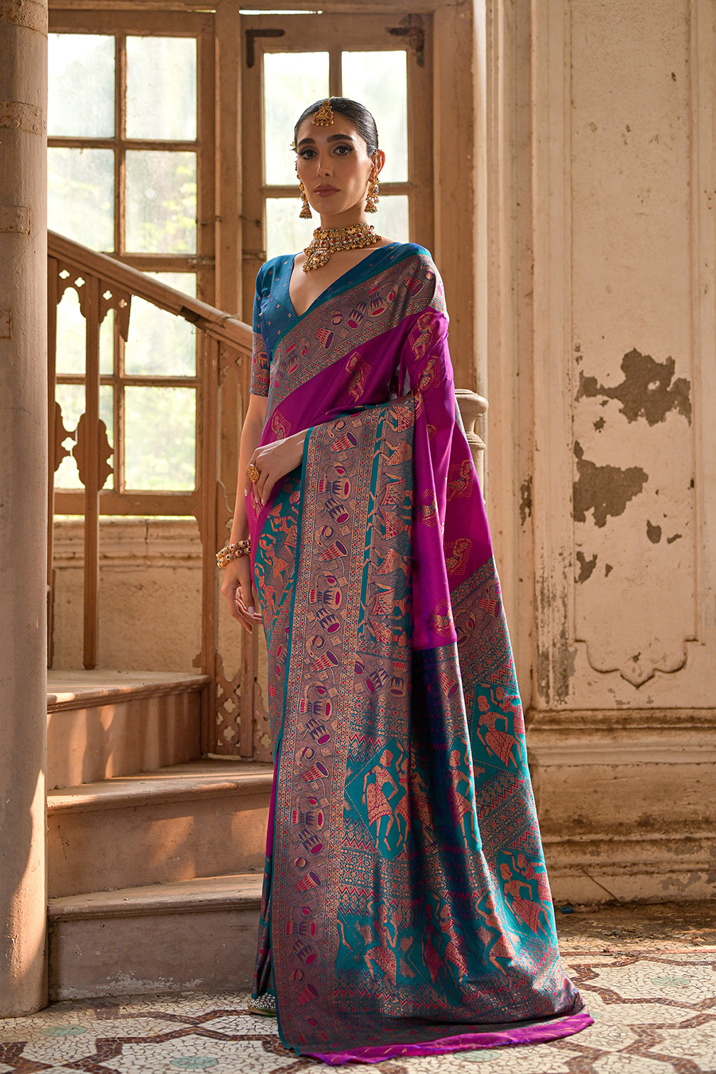 Wine Banarasi Silk Saree with Kalamkari Zari Design