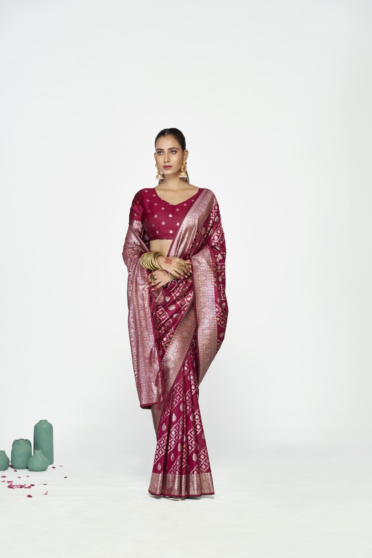 Wine Banarasi Silk Saree with Traditional Weaving