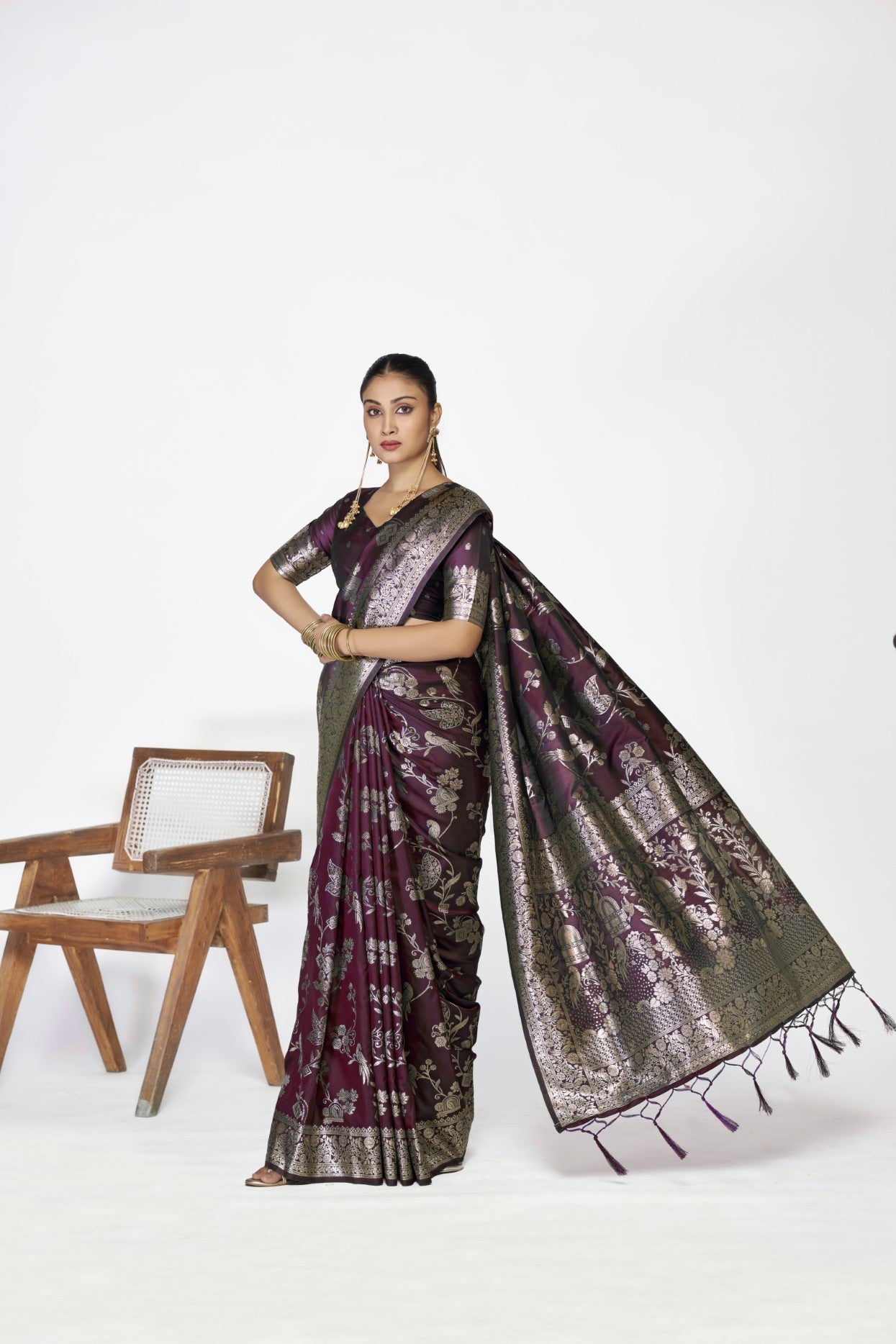 Wine Banarasi Silk Saree with Traditional Weaving