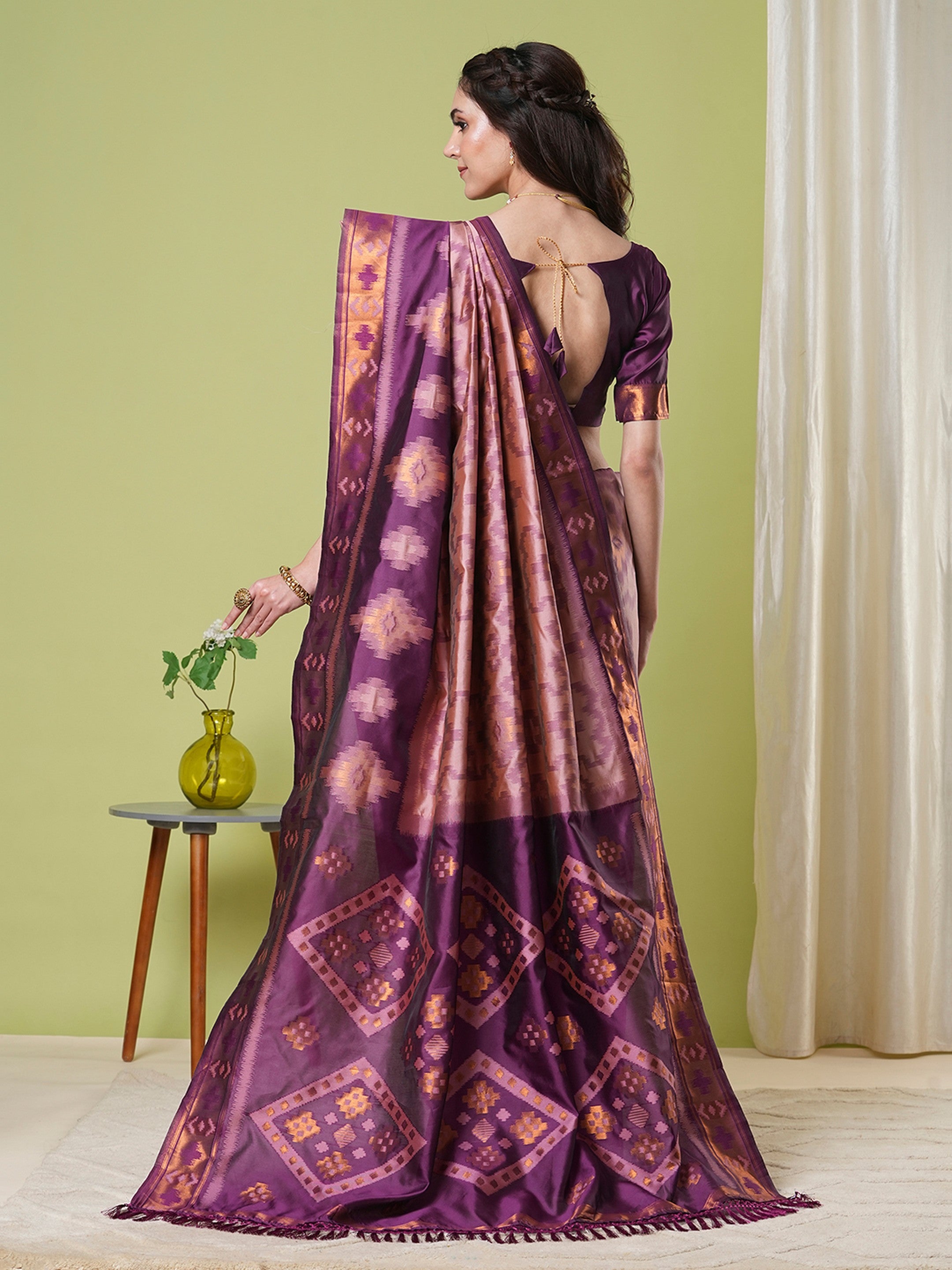 Wine Banarasi Silk Woven Jacquard Designer Saree