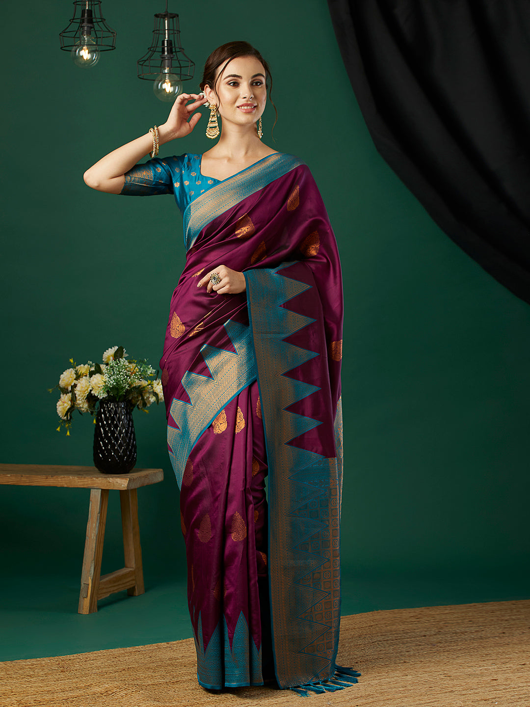 Wine Banarasi Silk Woven Jari Designer Heavy And Ethnic Partywear Saree