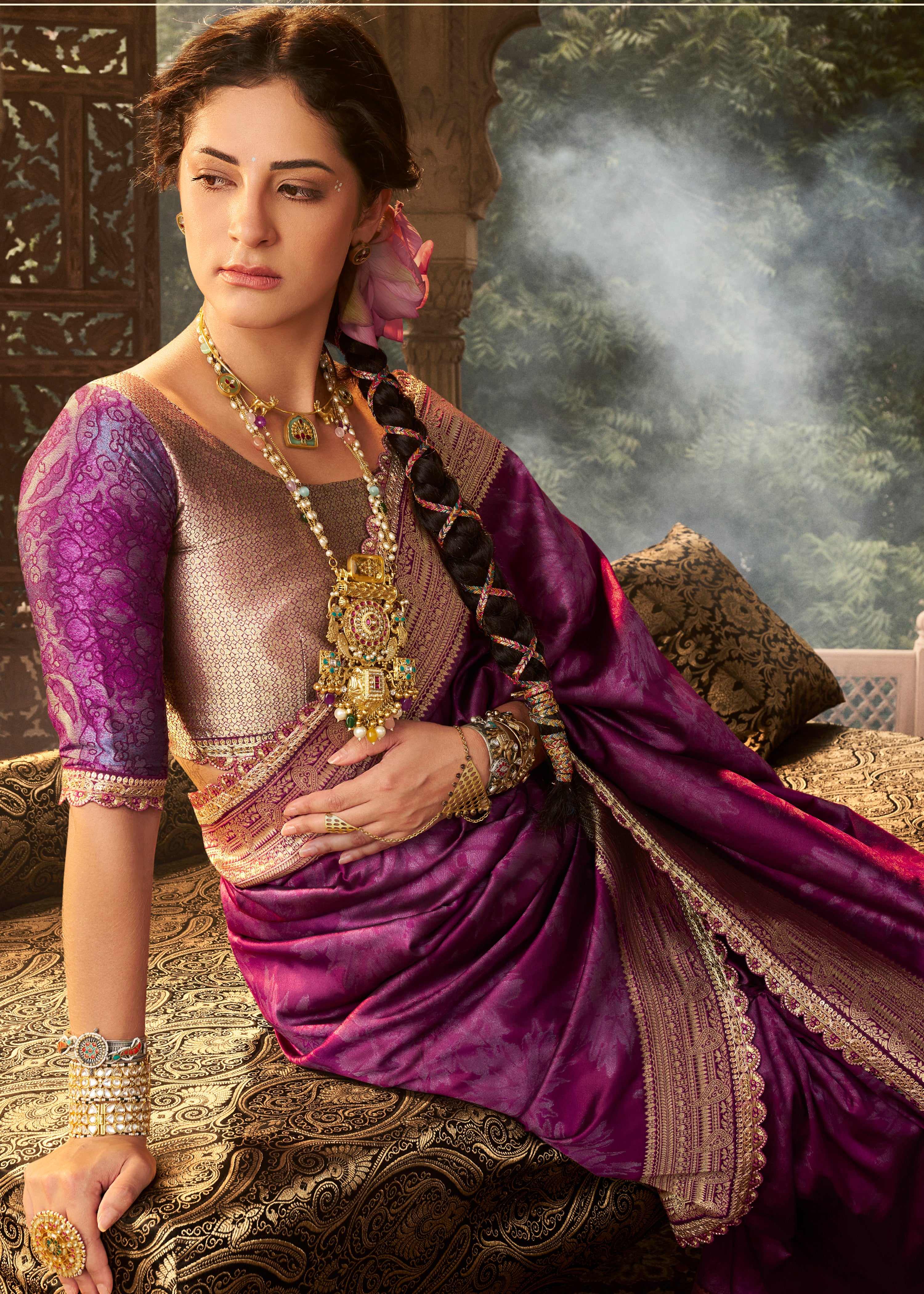 Wine Banarasi Soft Silk Saree with Woven Lace Border