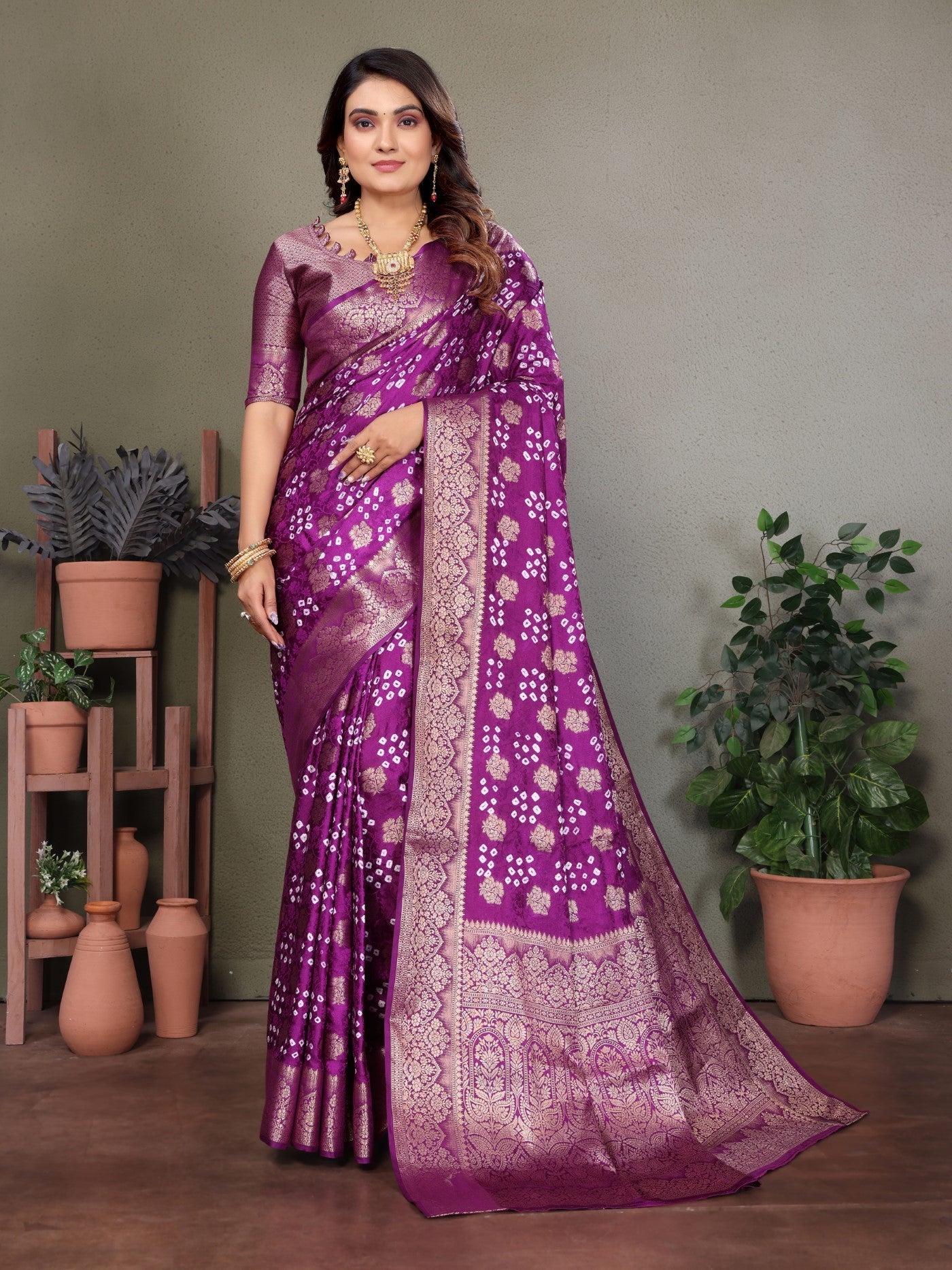 Wine Bandhej Silk Saree With Traditional Zari Weaving