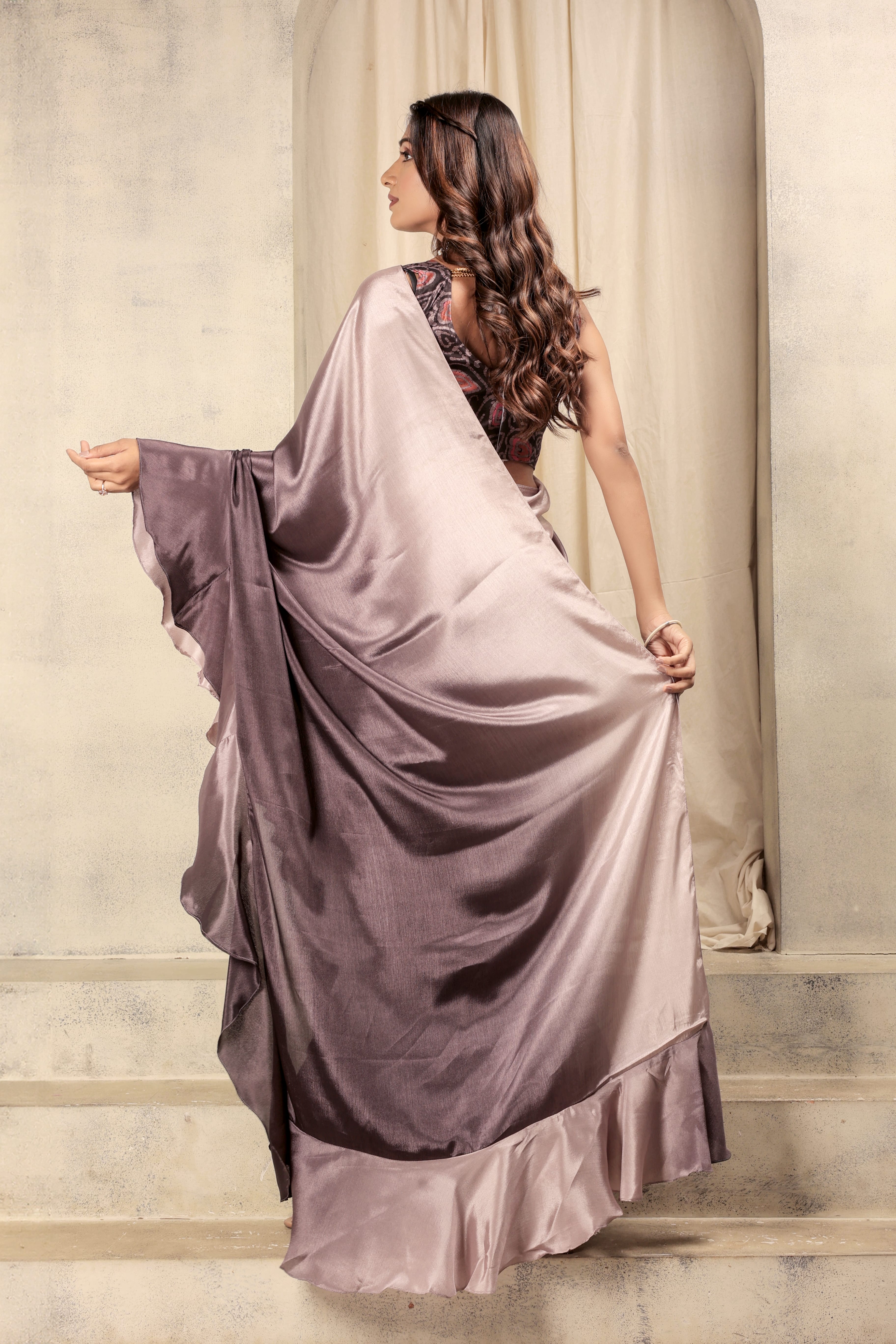 Wine Beautiful Bollywood Style Satin Partywear Saree