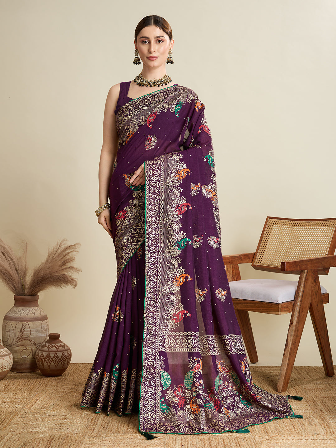 Wine Beautiful Designer Table Printed With Foil Cotton Blended Saree