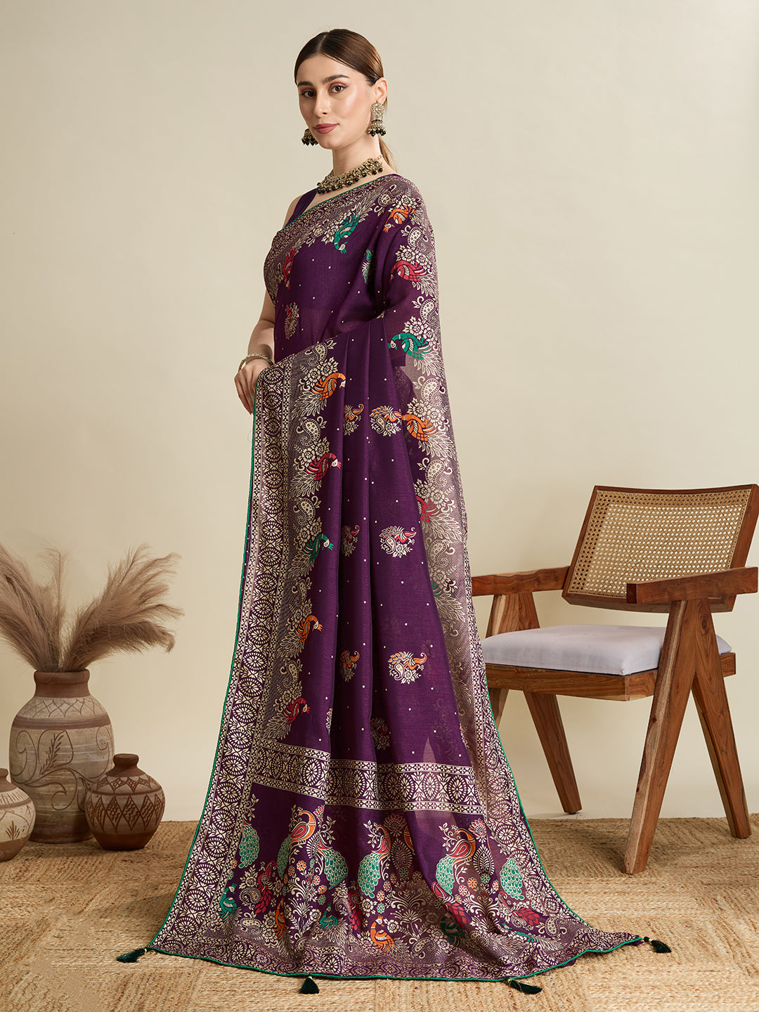 Wine Beautiful Designer Table Printed With Foil Cotton Blended Saree