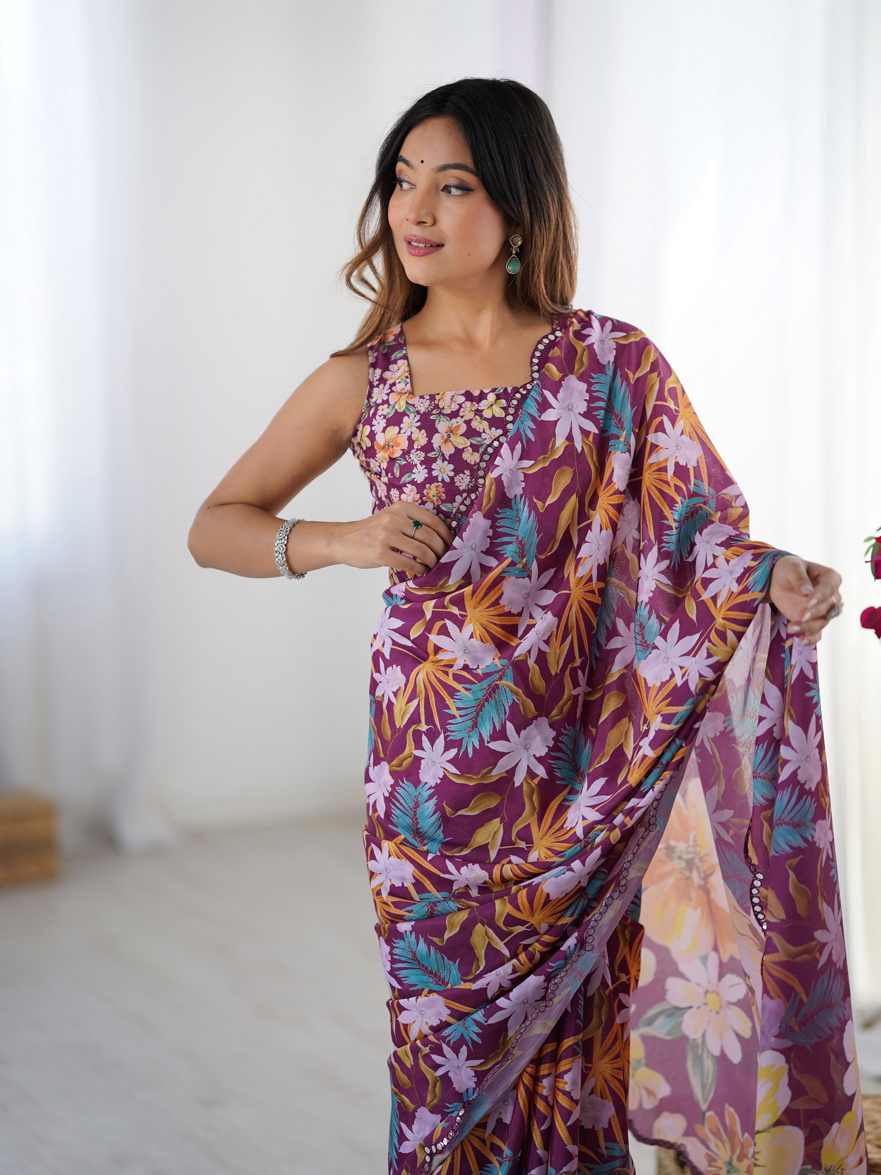Wine Beautiful Printed Chinon Saree With Stylish Border For Girlie Looks