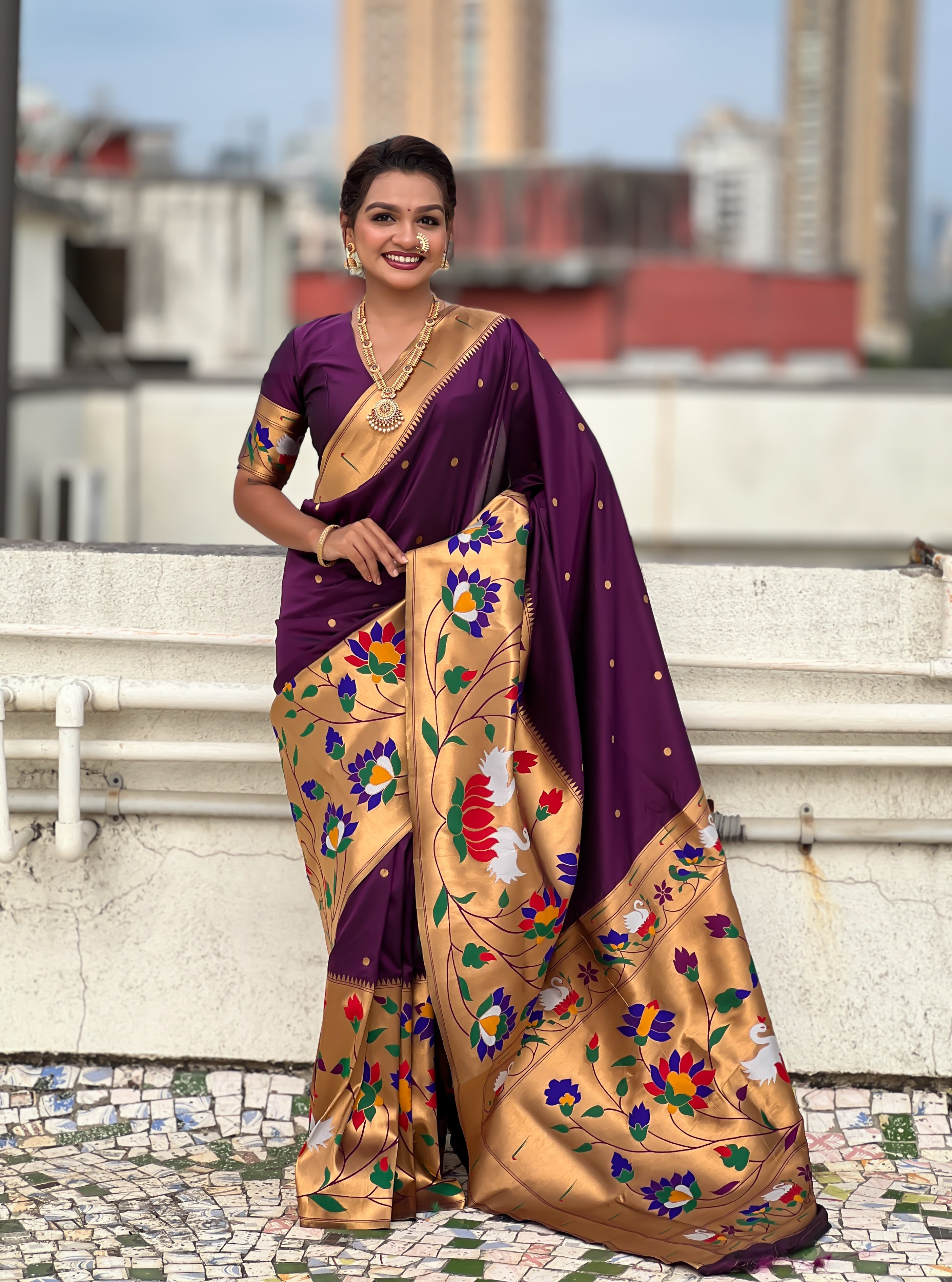 Wine Beautiful Woven Meenakari Polka Designer Paithani Silk Ethnic Graceful Saree