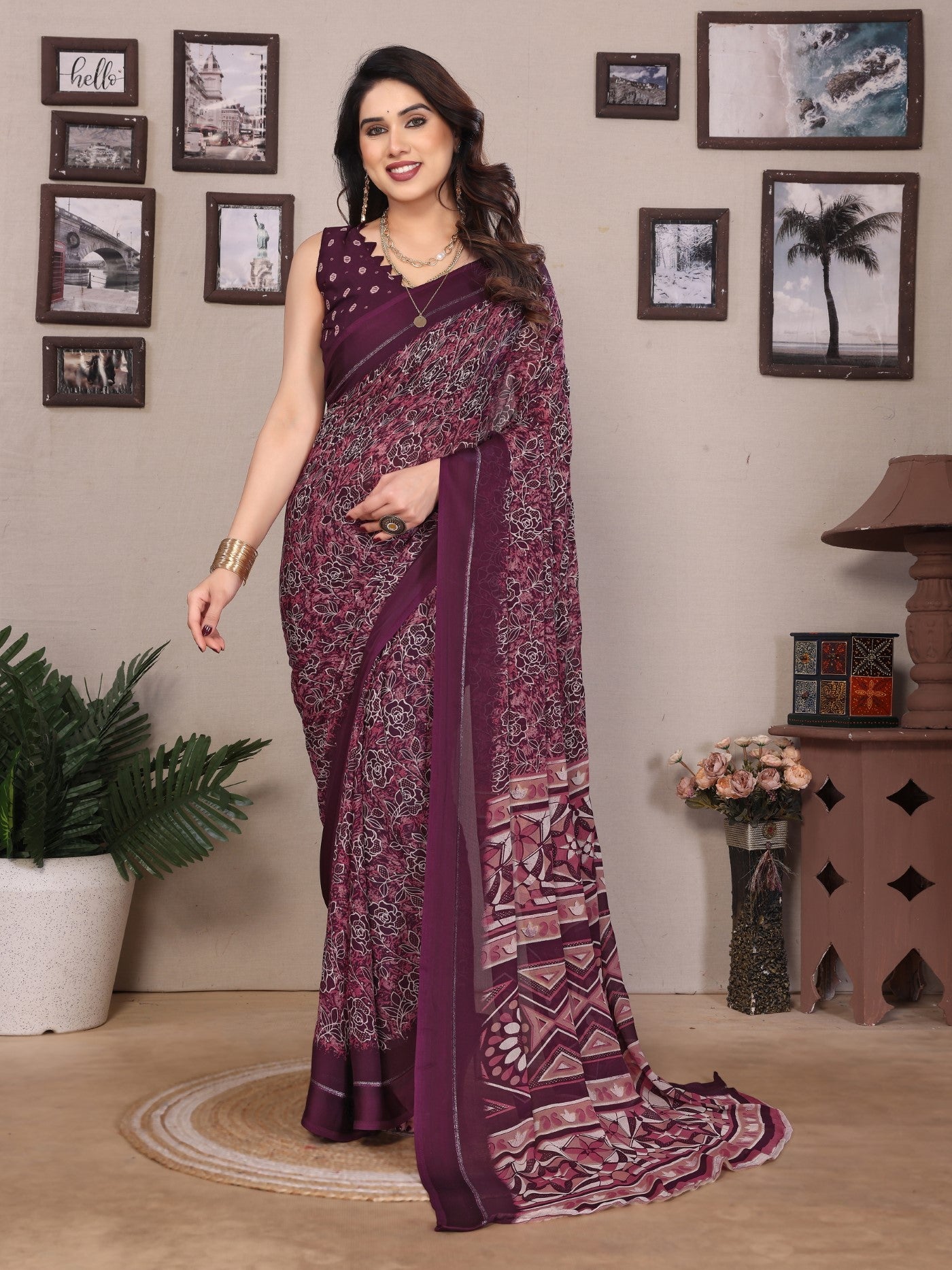 Wine Bright Moss Printed Saree With Zari Work
