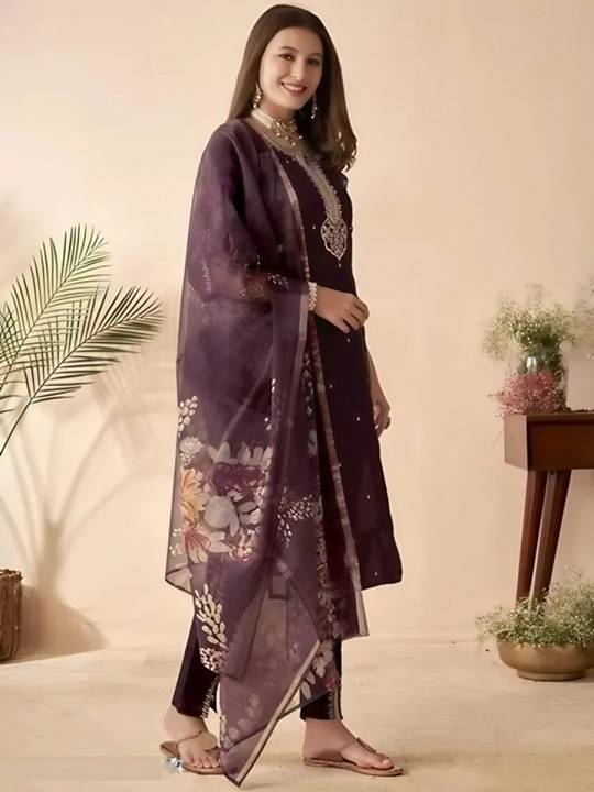 Wine Chanderi Kurta Pant with Heavy Thread Embroidery Sequins Work With Printed Dupatta