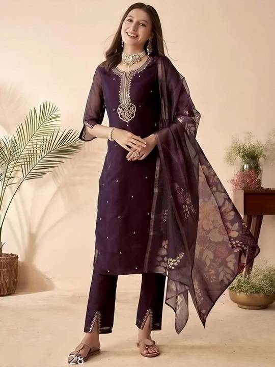 Wine Chanderi Kurta Pant with Heavy Thread Embroidery Sequins Work With Printed Dupatta