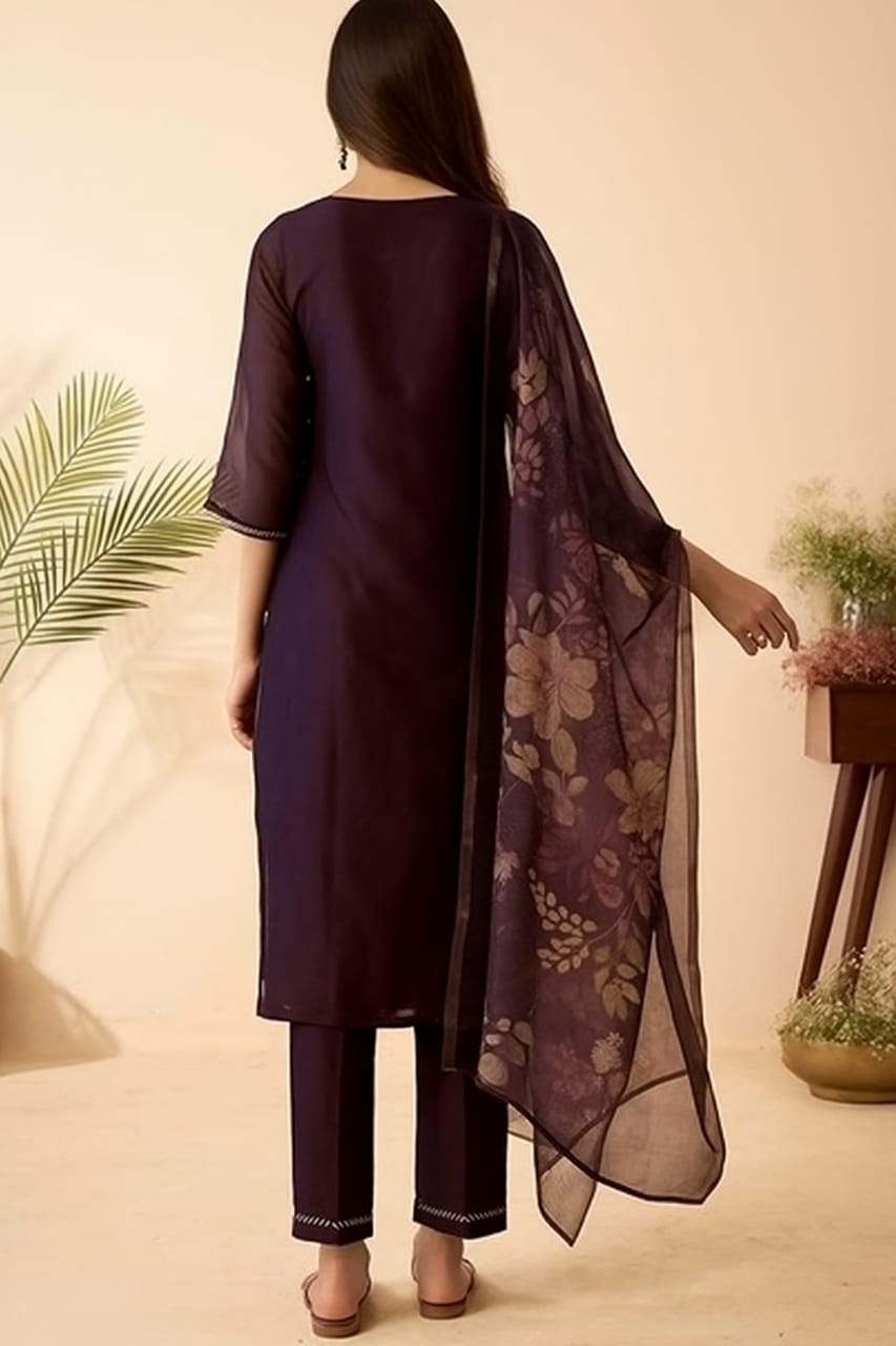 Wine Chanderi Kurta Pant with Heavy Thread Embroidery Sequins Work With Printed Dupatta