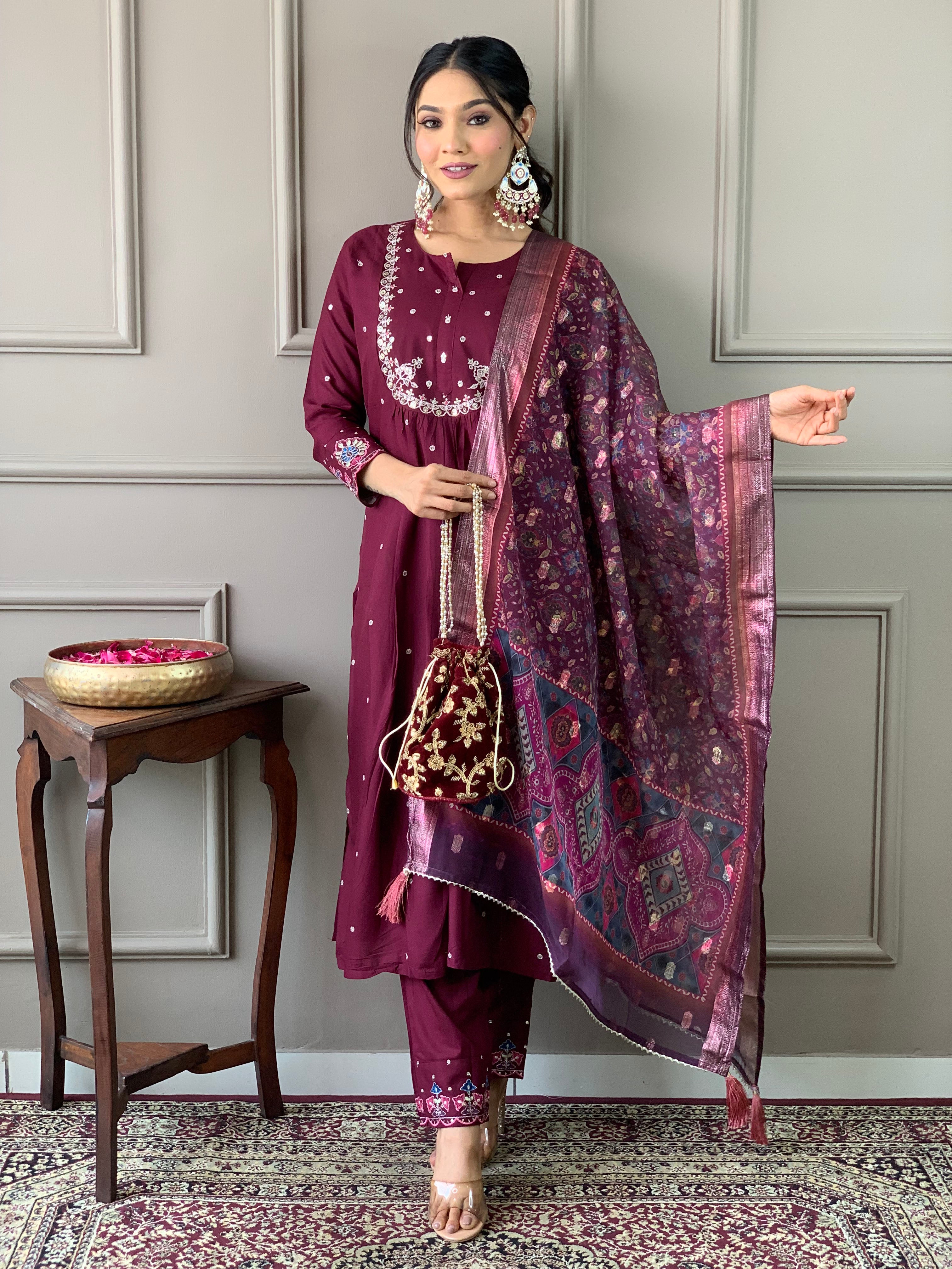 Wine Chanderi Viscose Elegant Kurta Pant Set With Embroidery Work