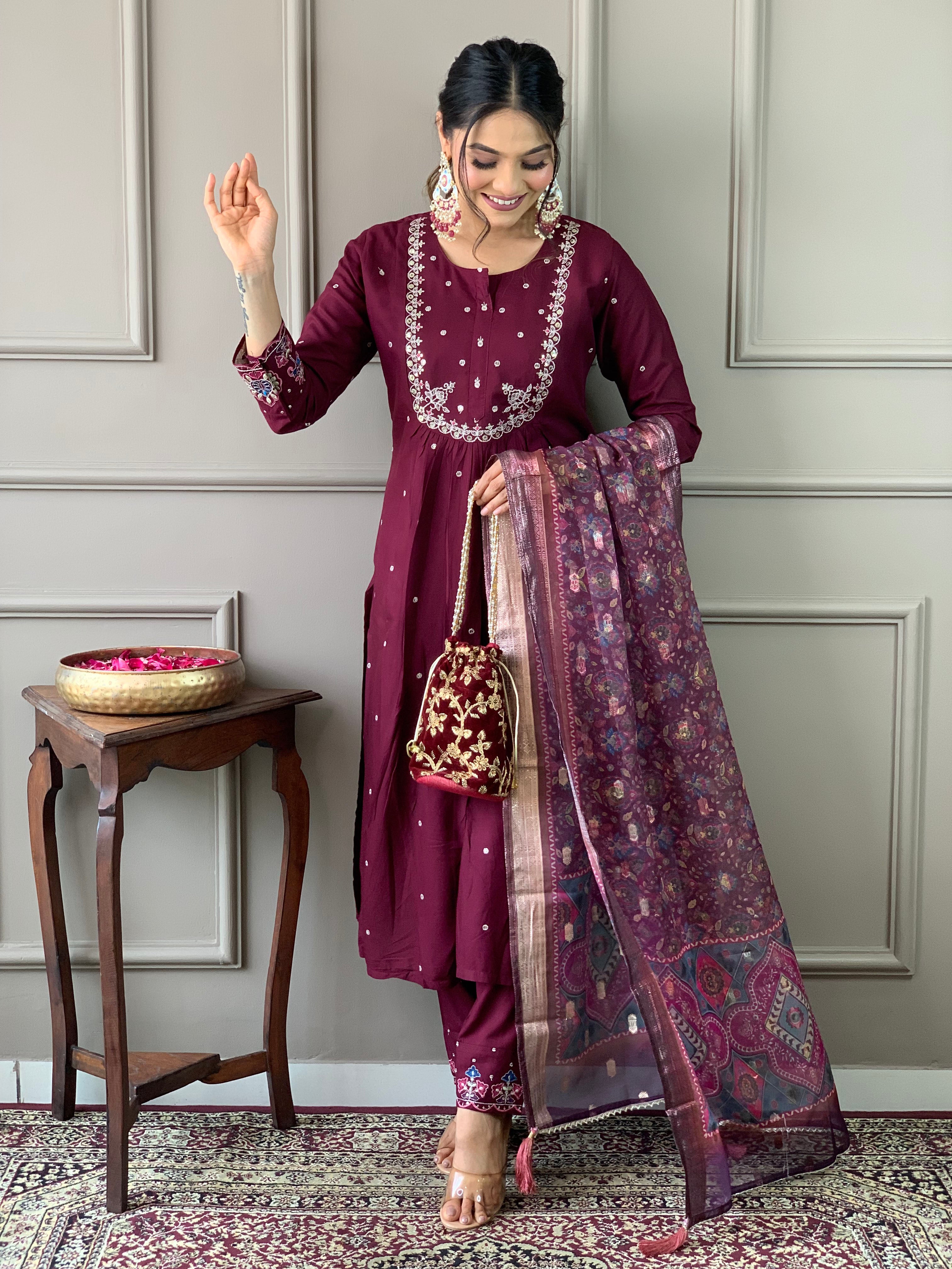 Wine Chanderi Viscose Elegant Kurta Pant Set With Embroidery Work