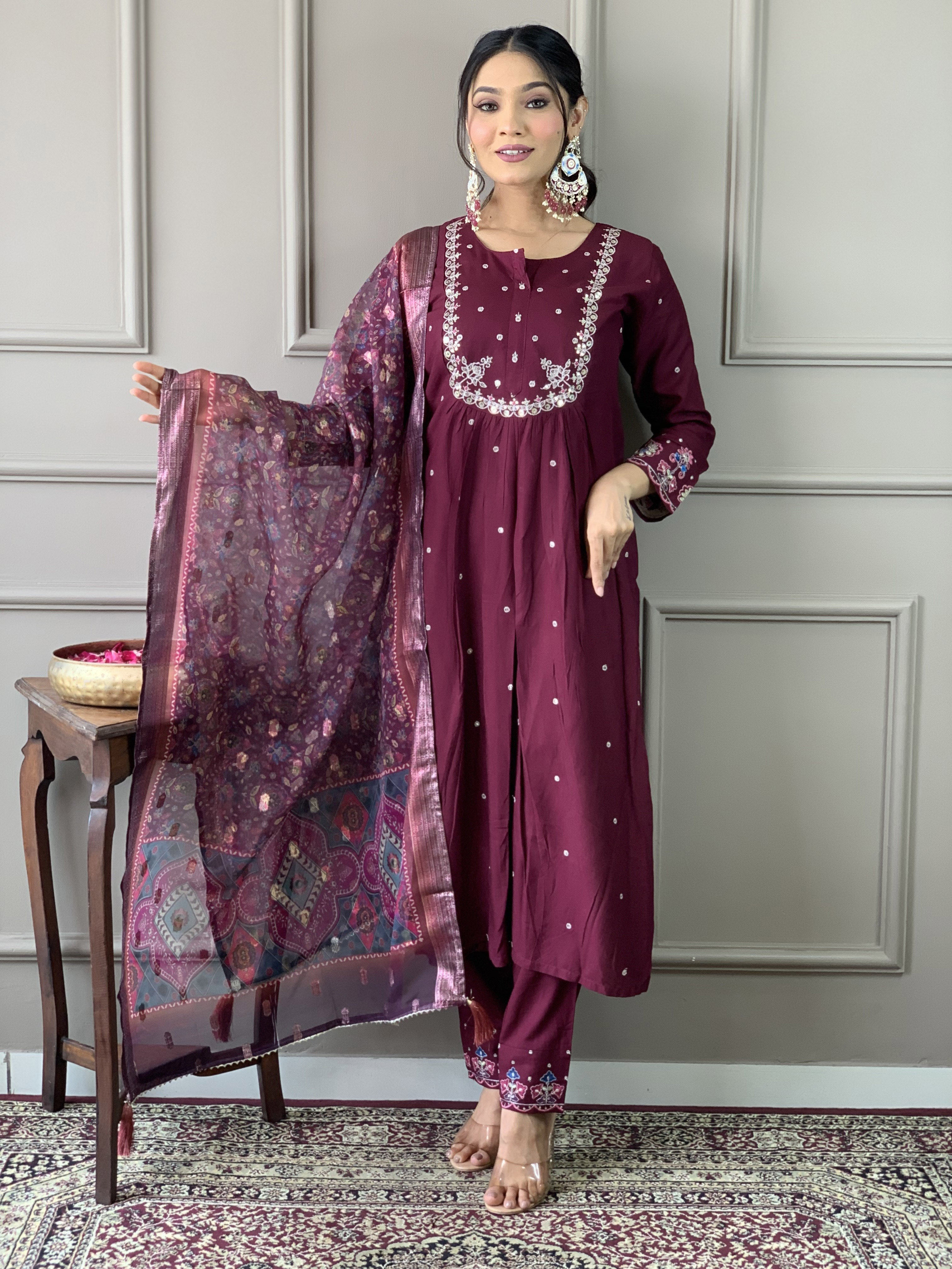 Wine Chanderi Viscose Elegant Kurta Pant Set With Embroidery Work
