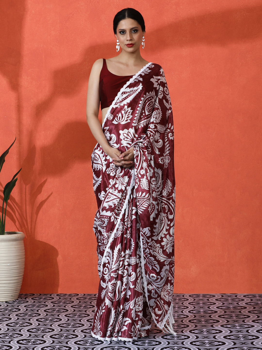 Wine Chinon Designer Digital Printed Saree For Ceremonial Looks