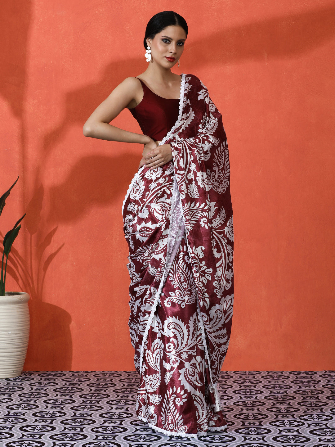 Wine Chinon Designer Digital Printed Saree For Ceremonial Looks