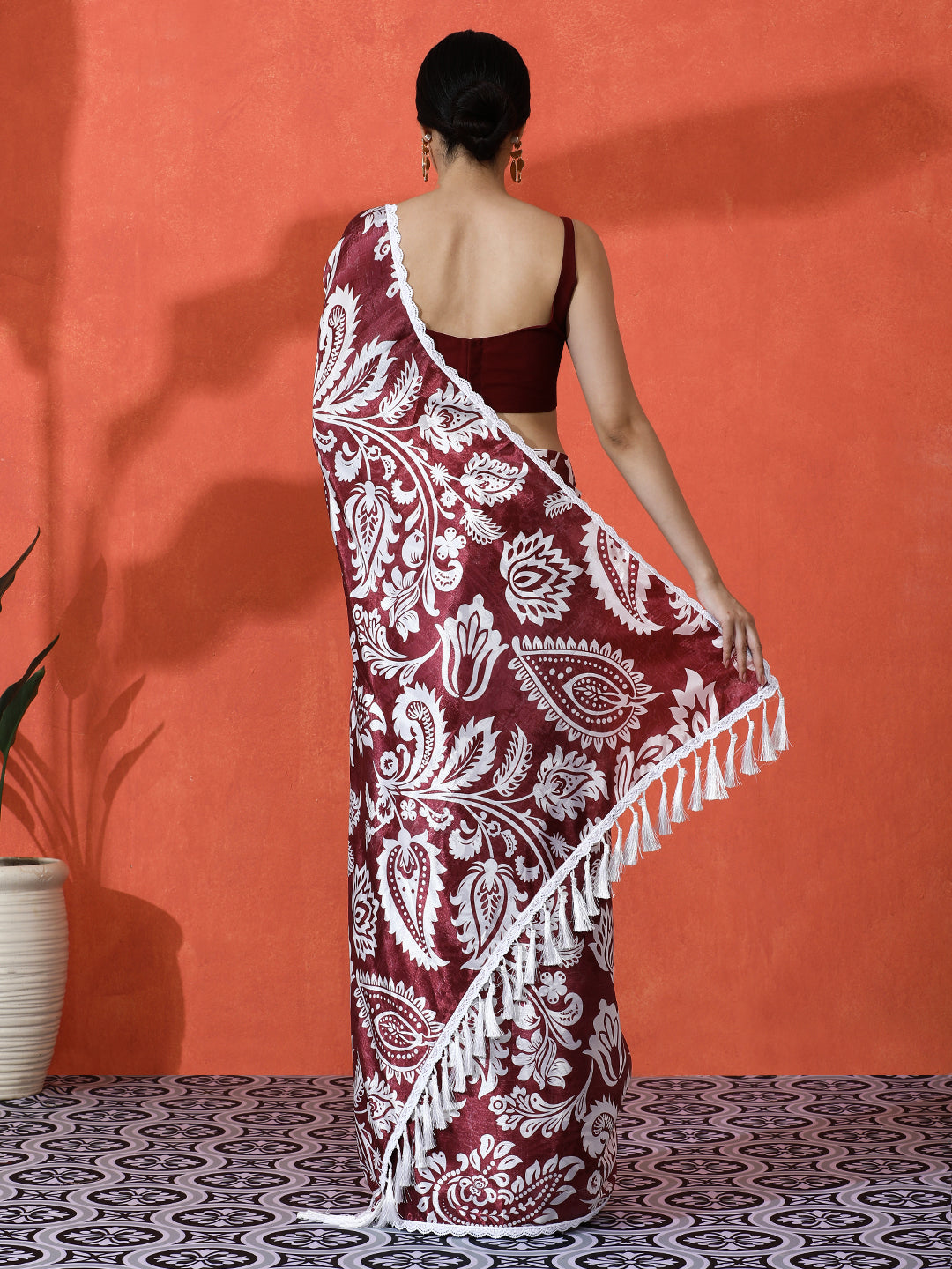 Wine Chinon Designer Digital Printed Saree For Ceremonial Looks