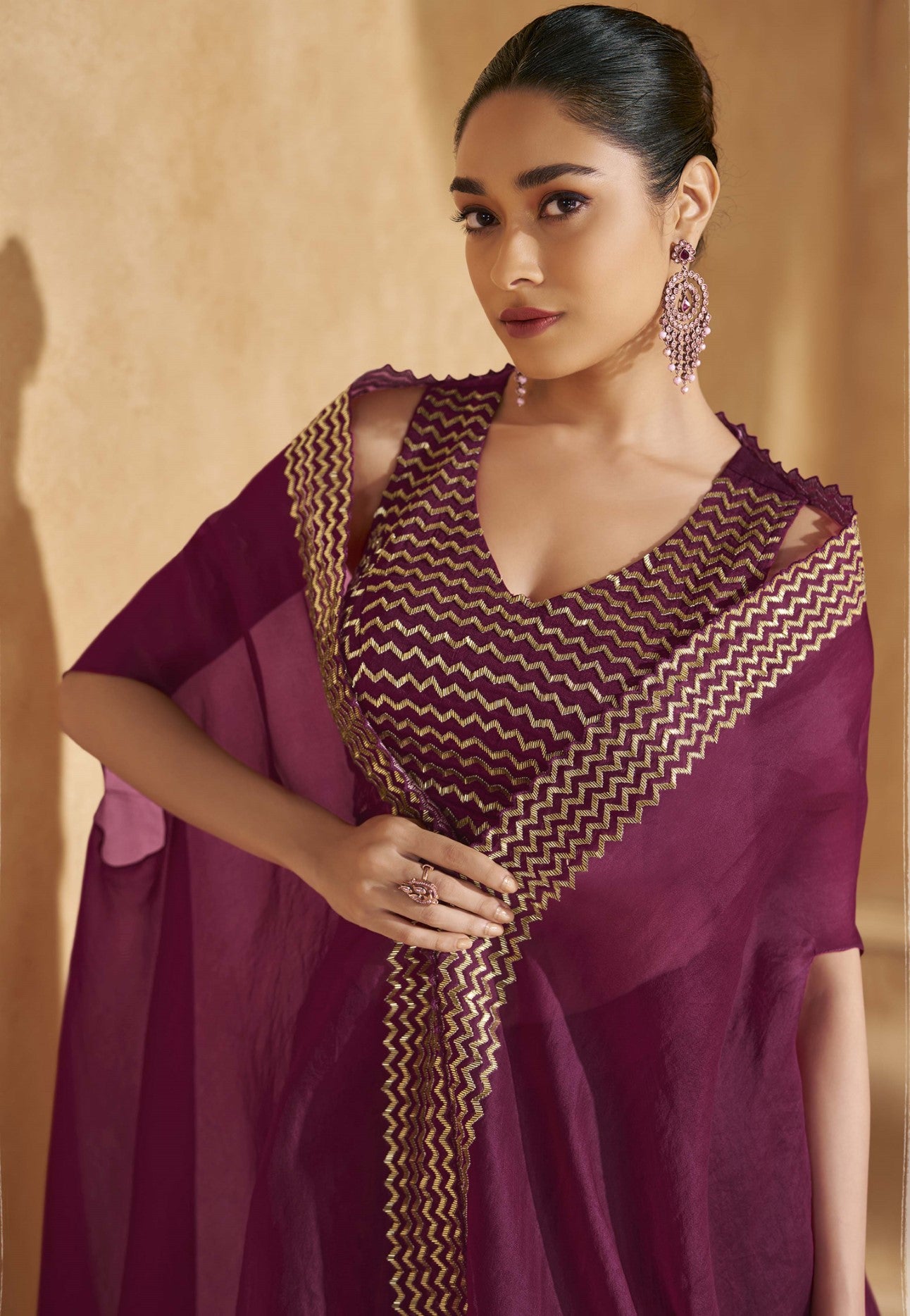 Wine Chinon Silk Lehenga Choli With Handwork Jacket