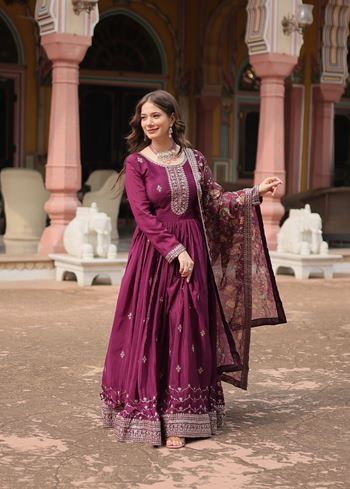 Wine Chinon Suit With Sequins Embroidered work