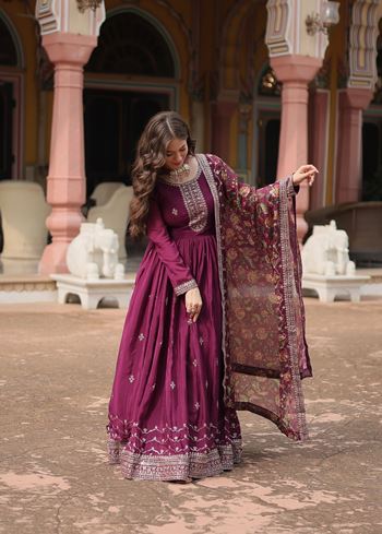 Wine Chinon Suit With Sequins Embroidered work