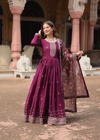 Wine Chinon Suit With Sequins Embroidered work