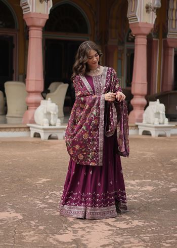 Wine Chinon Suit With Sequins Embroidered work