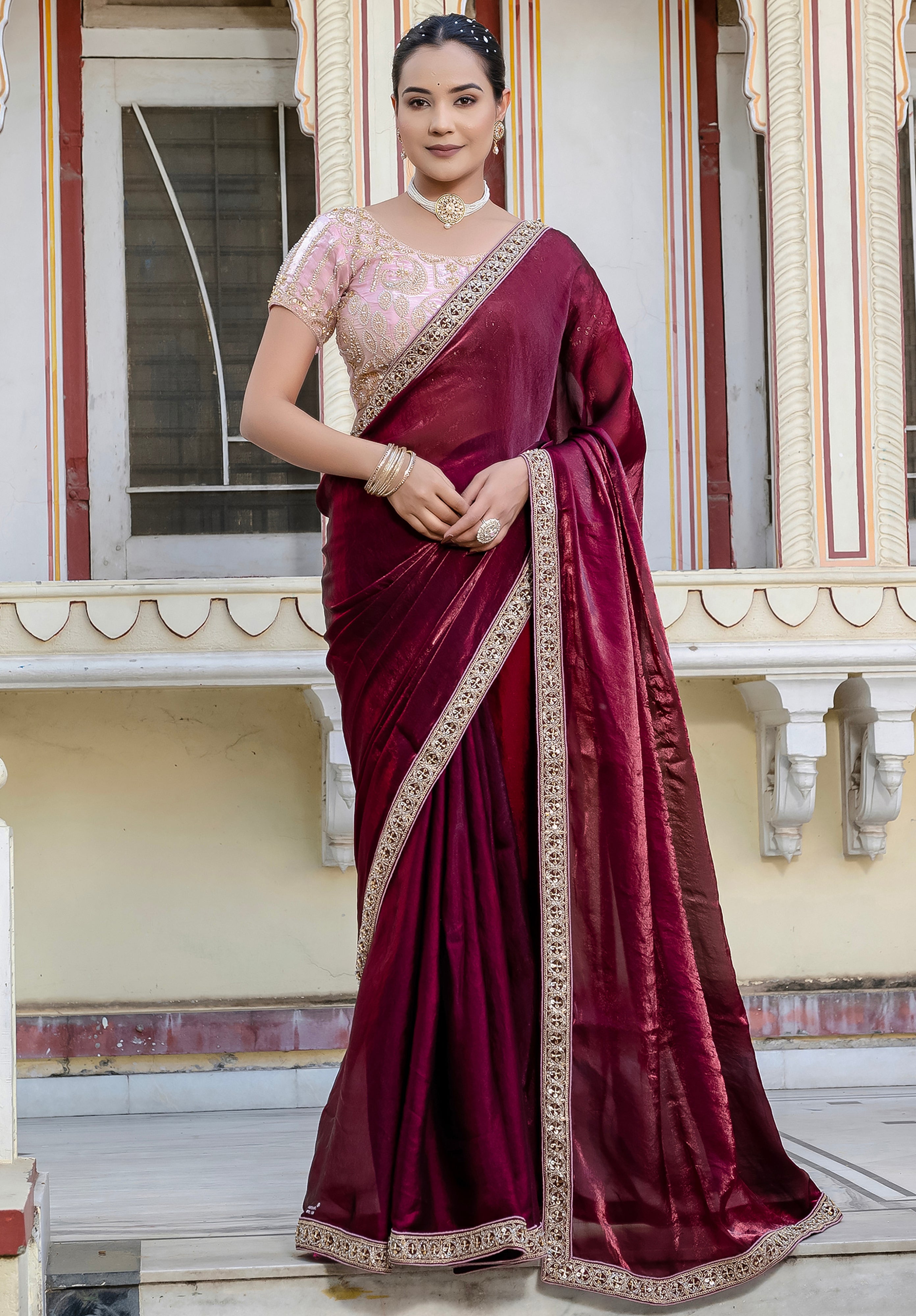 Wine Color Satin with Velvet Lustre Saree With Handwork Lace
