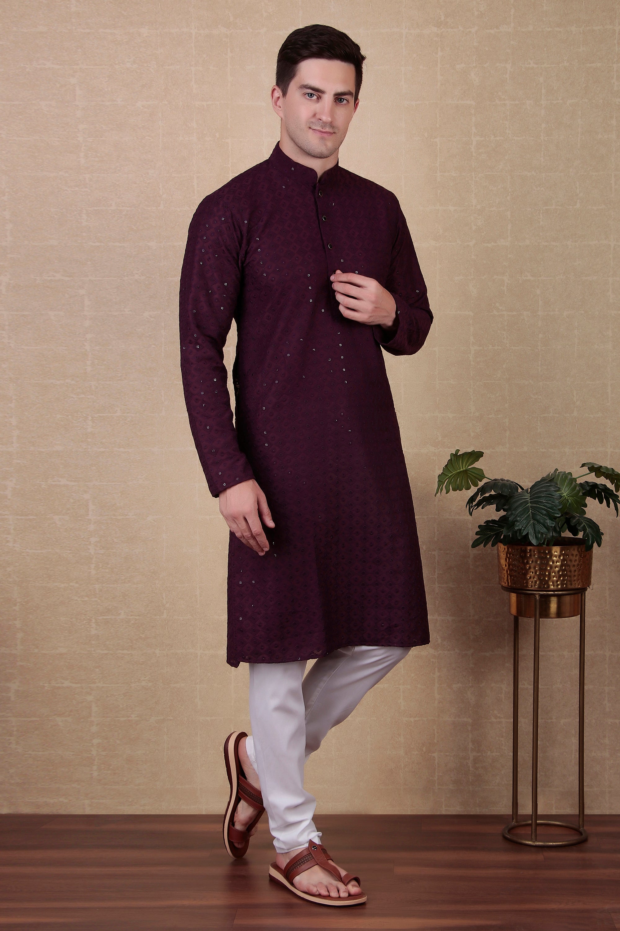 Wine Color Sequins Embroidered Bollywood Style Kurta Payjama Set – Glam Festive Look