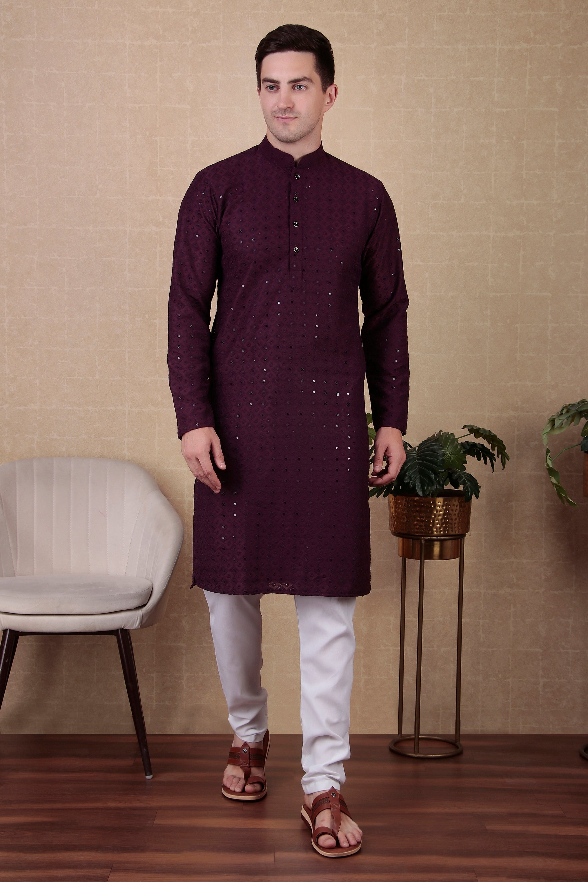 Wine Color Sequins Embroidered Bollywood Style Kurta Payjama Set – Glam Festive Look