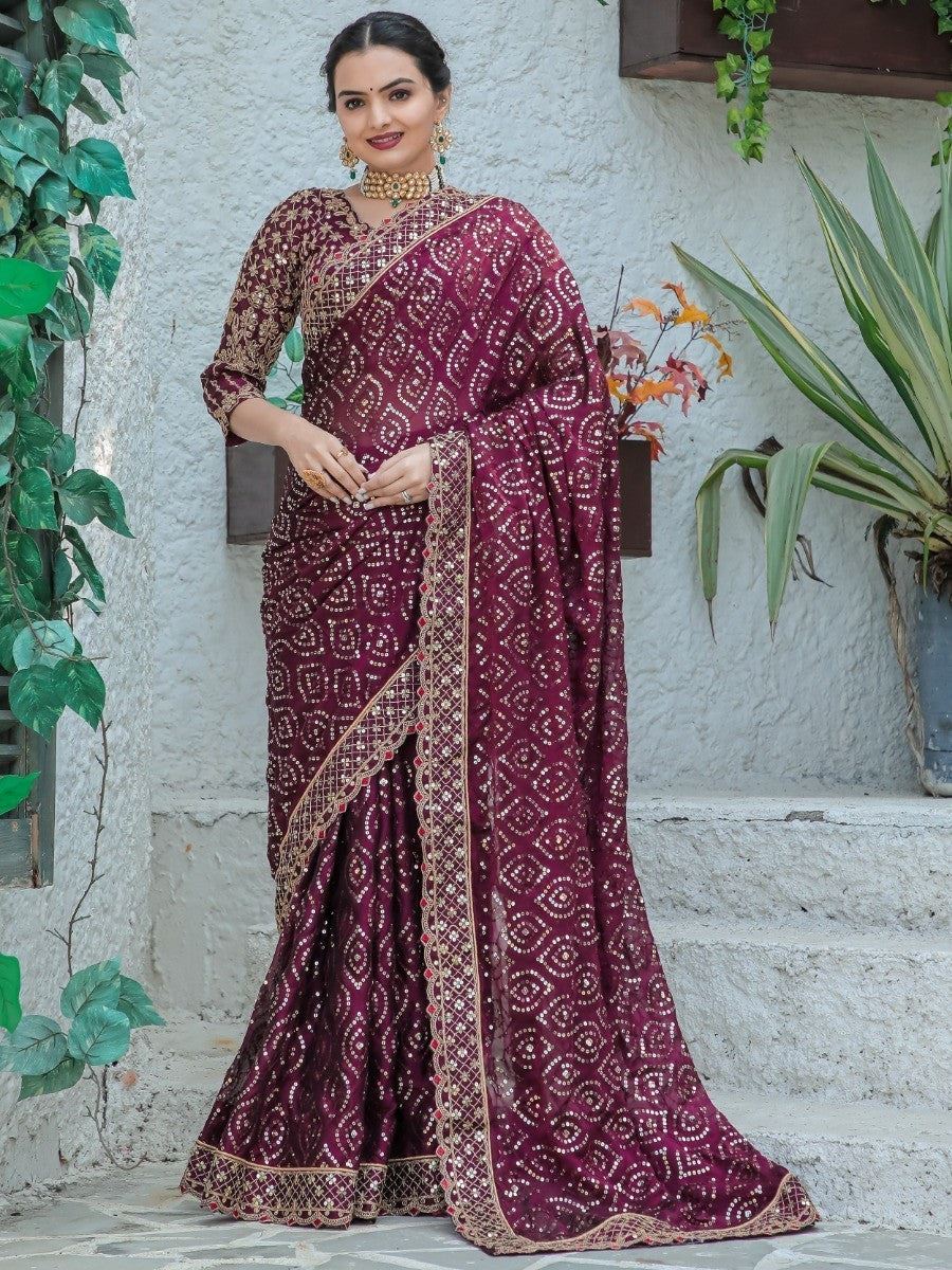 Wine Colour Kasturi Silk Heavy Work Saree