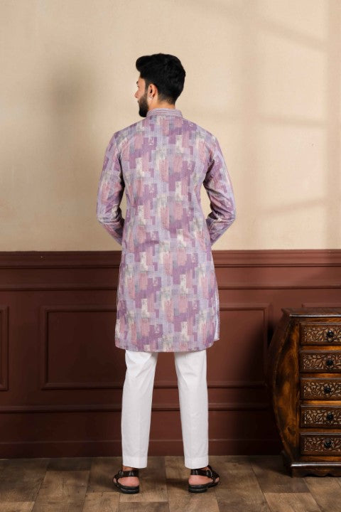 Wine Cotton Blend Kurta Pajama with Abstract Print