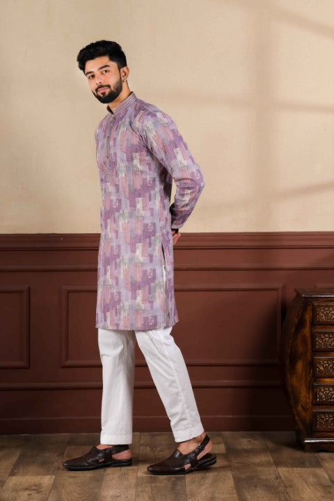 Wine Cotton Blend Kurta Pajama with Abstract Print