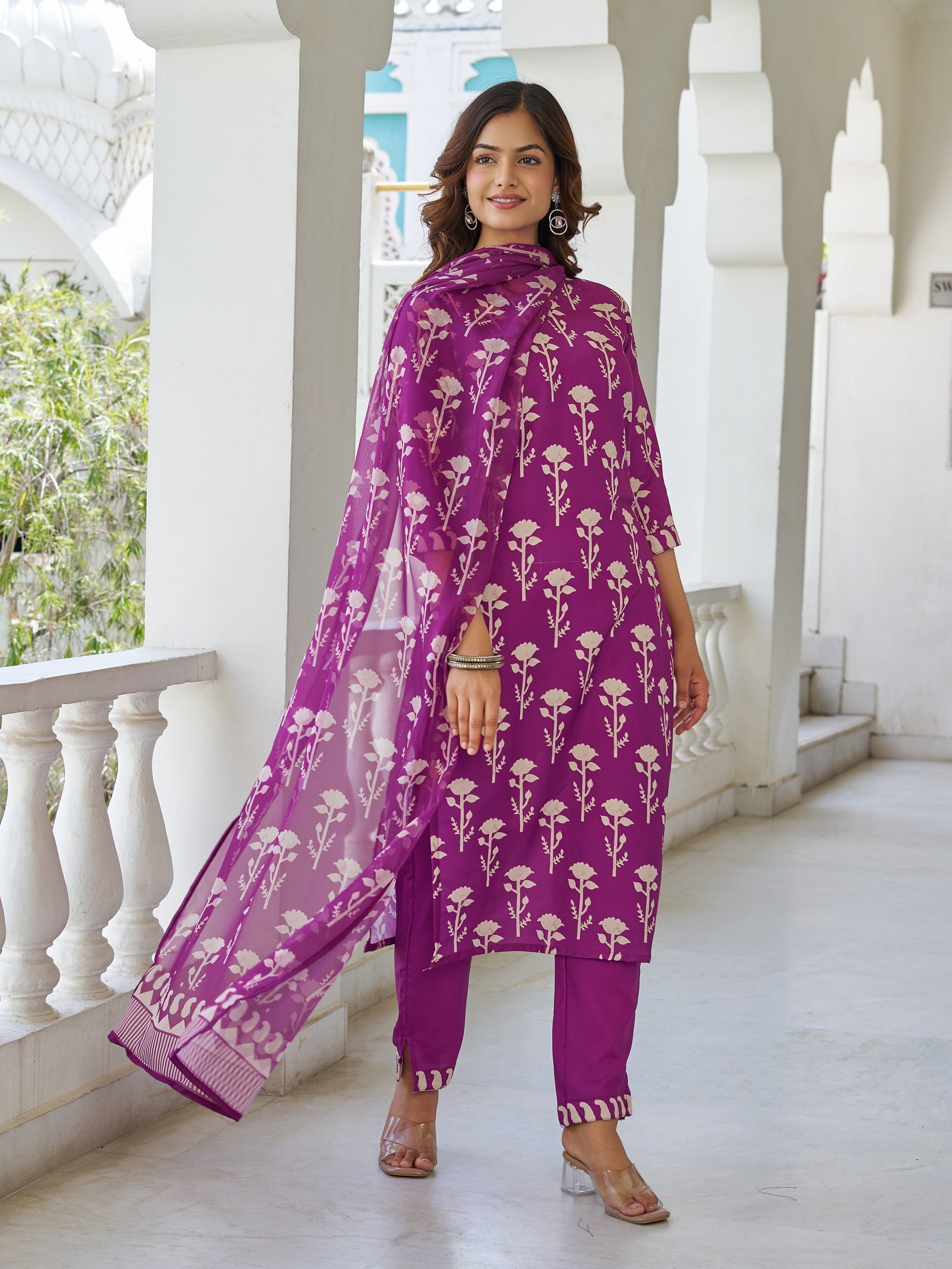 Wine Cotton Blend Kurta Pant Set Printed