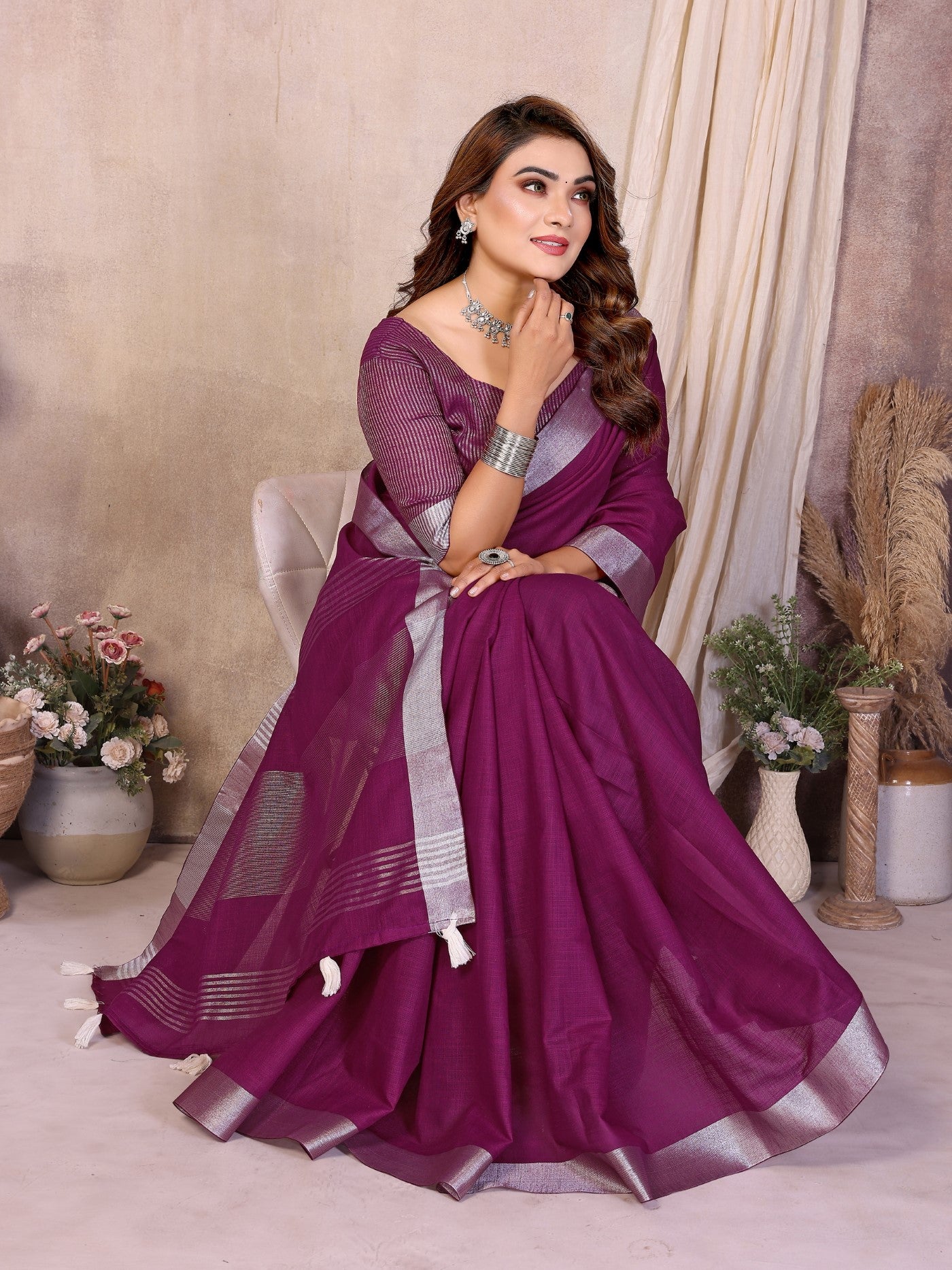 Wine Cotton Saree With Classic Silver Zari Border