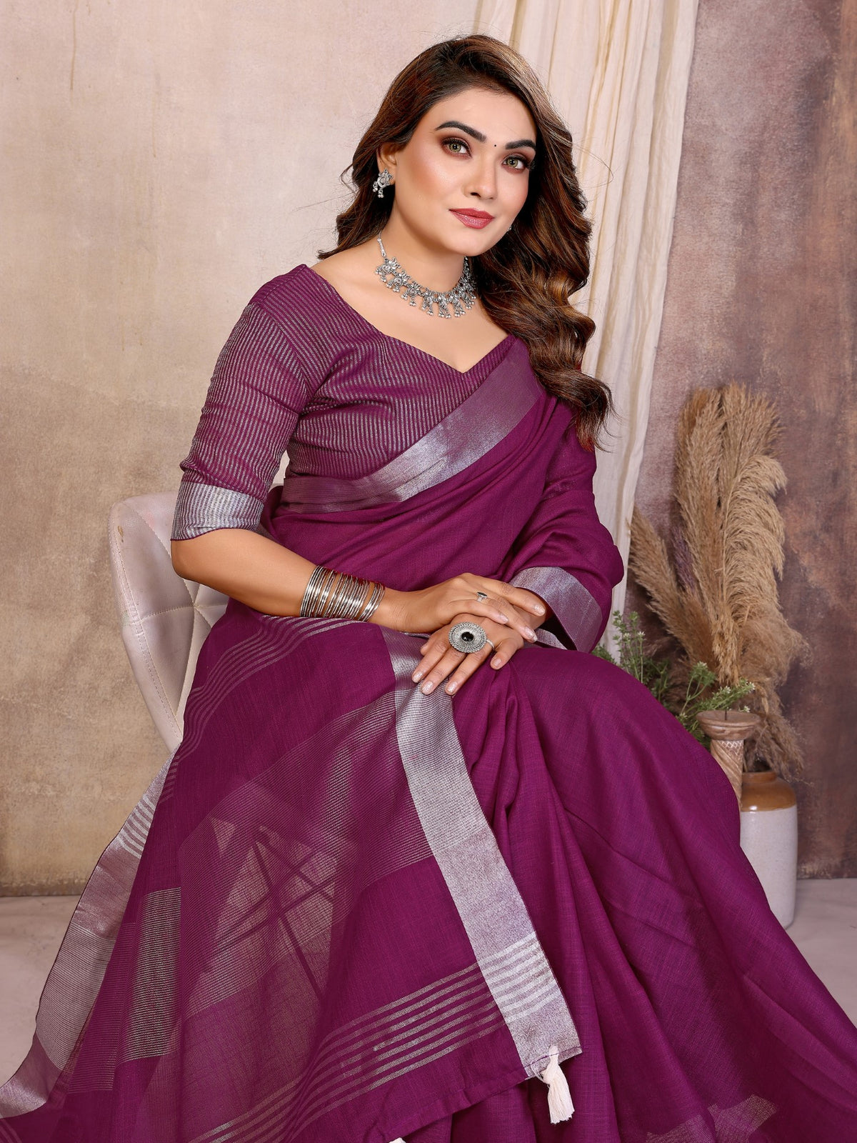 Wine Cotton Saree With Classic Silver Zari Border