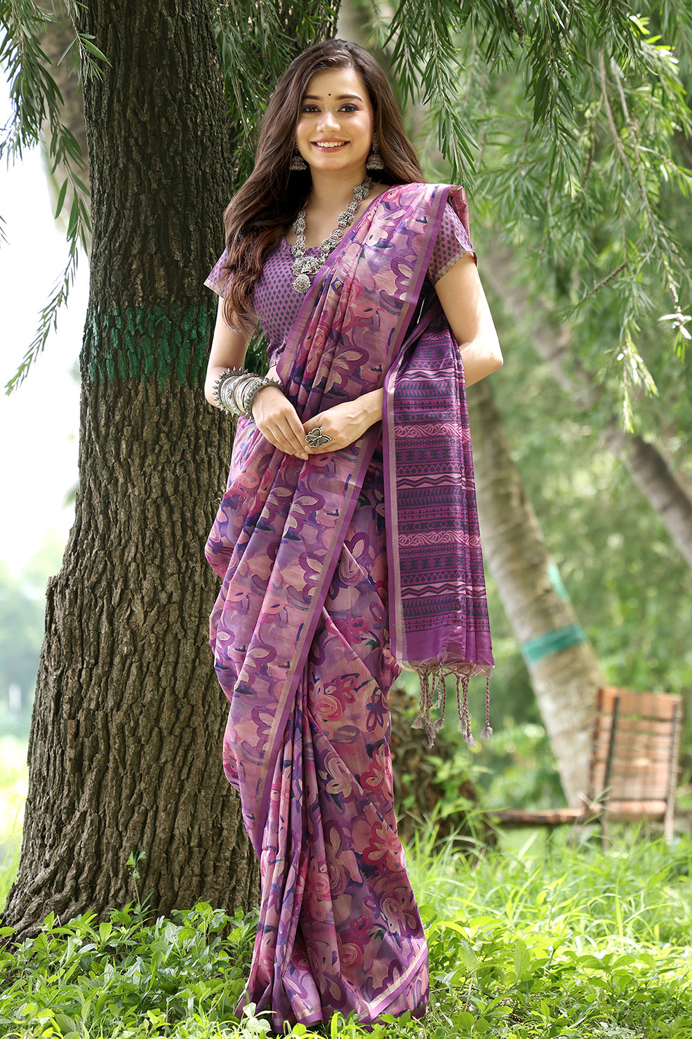 Wine Cotton Silk Saree with Floral Print and Printed Pallu