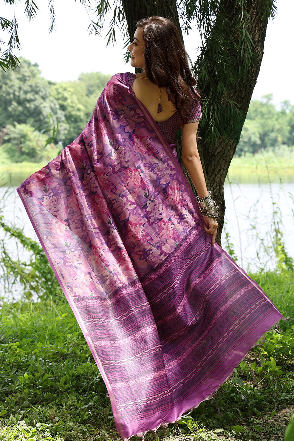 Wine Cotton Silk Saree with Floral Print and Printed Pallu
