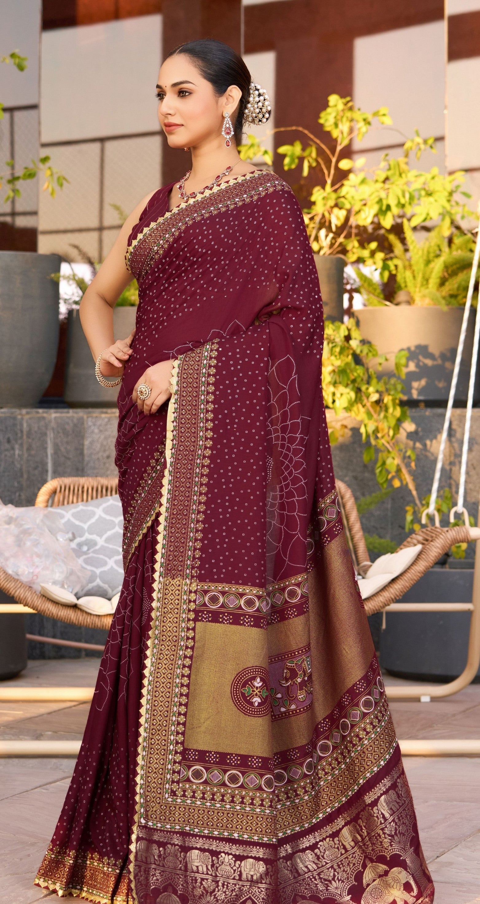 Wine Cotton Silk Woven Designer With Table And Foil Printed Partywear Saree